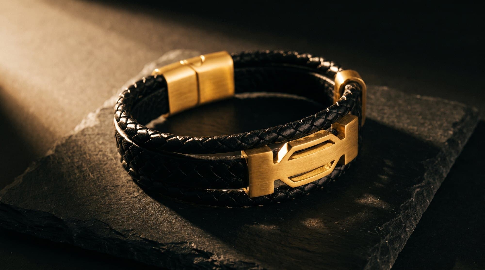 The Deco Leather Cord on black slate under a single raking light.