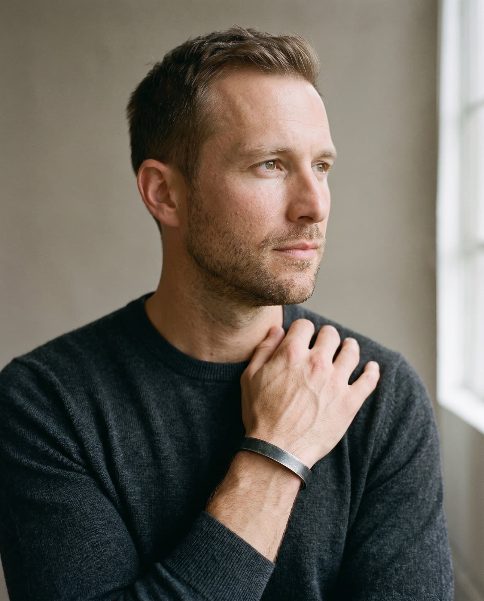A man in a charcoal knit with his hand at his collarbone, the Obelisk Band Cuff on his wrist.
