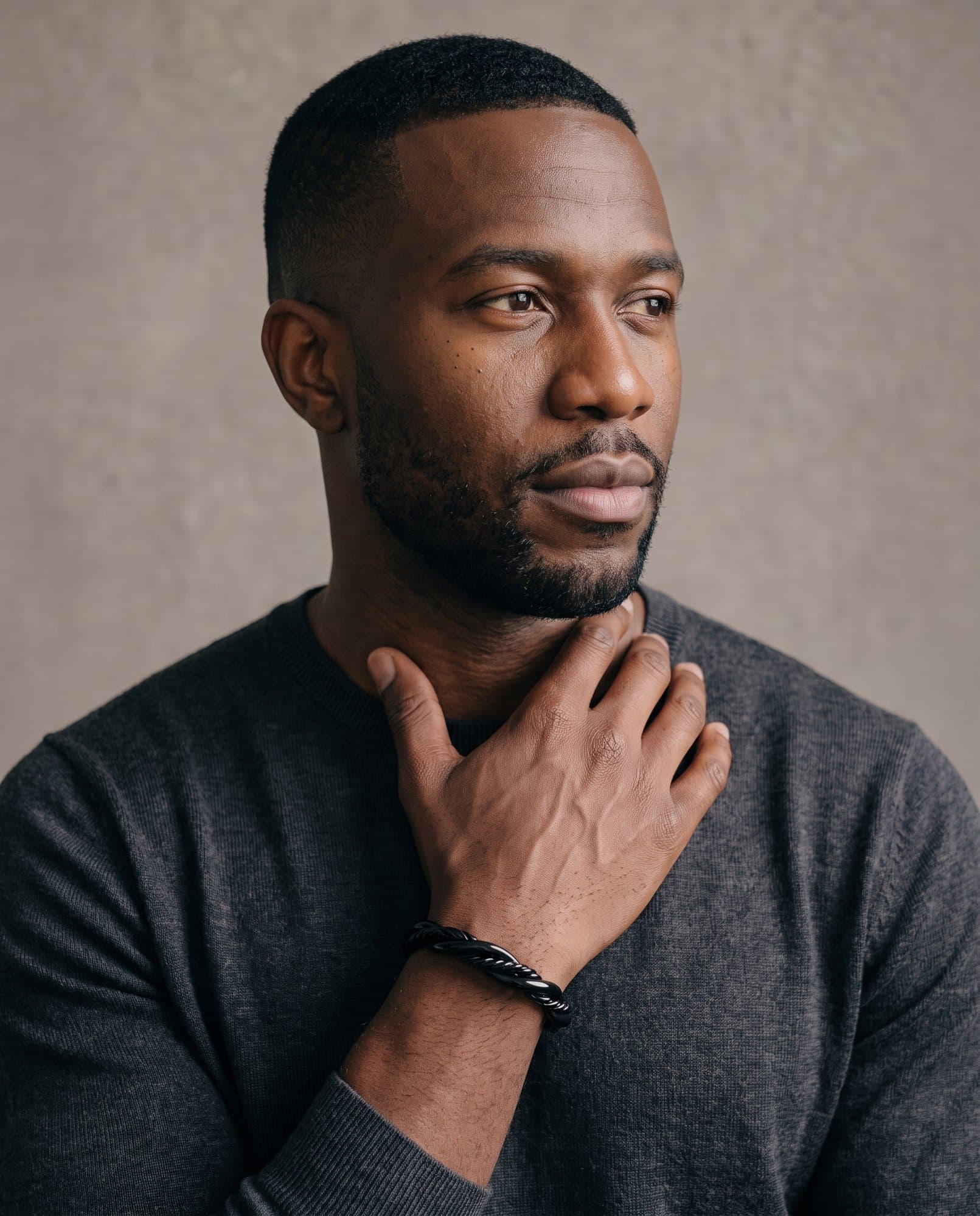 A man in a charcoal knit with his hand at his collarbone, the Onyx Twist Cuff on his wrist.