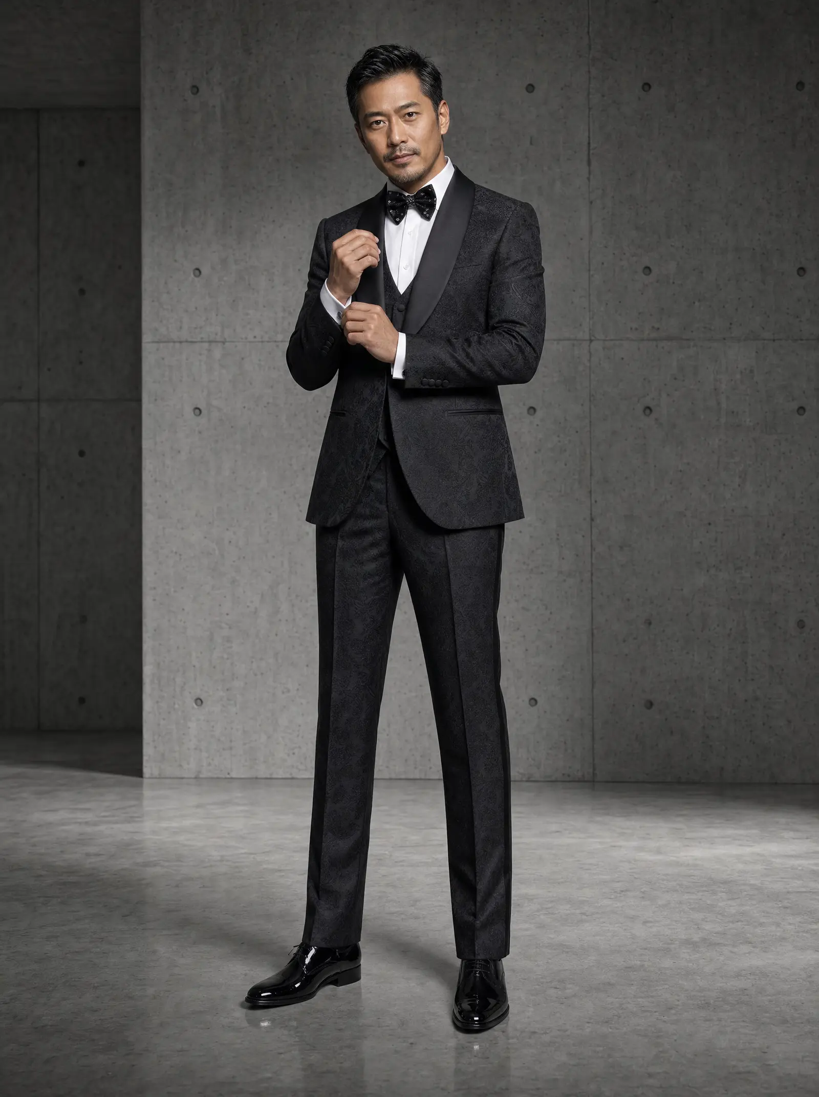 Black paisley jacquard Belgravia three piece tuxedo
