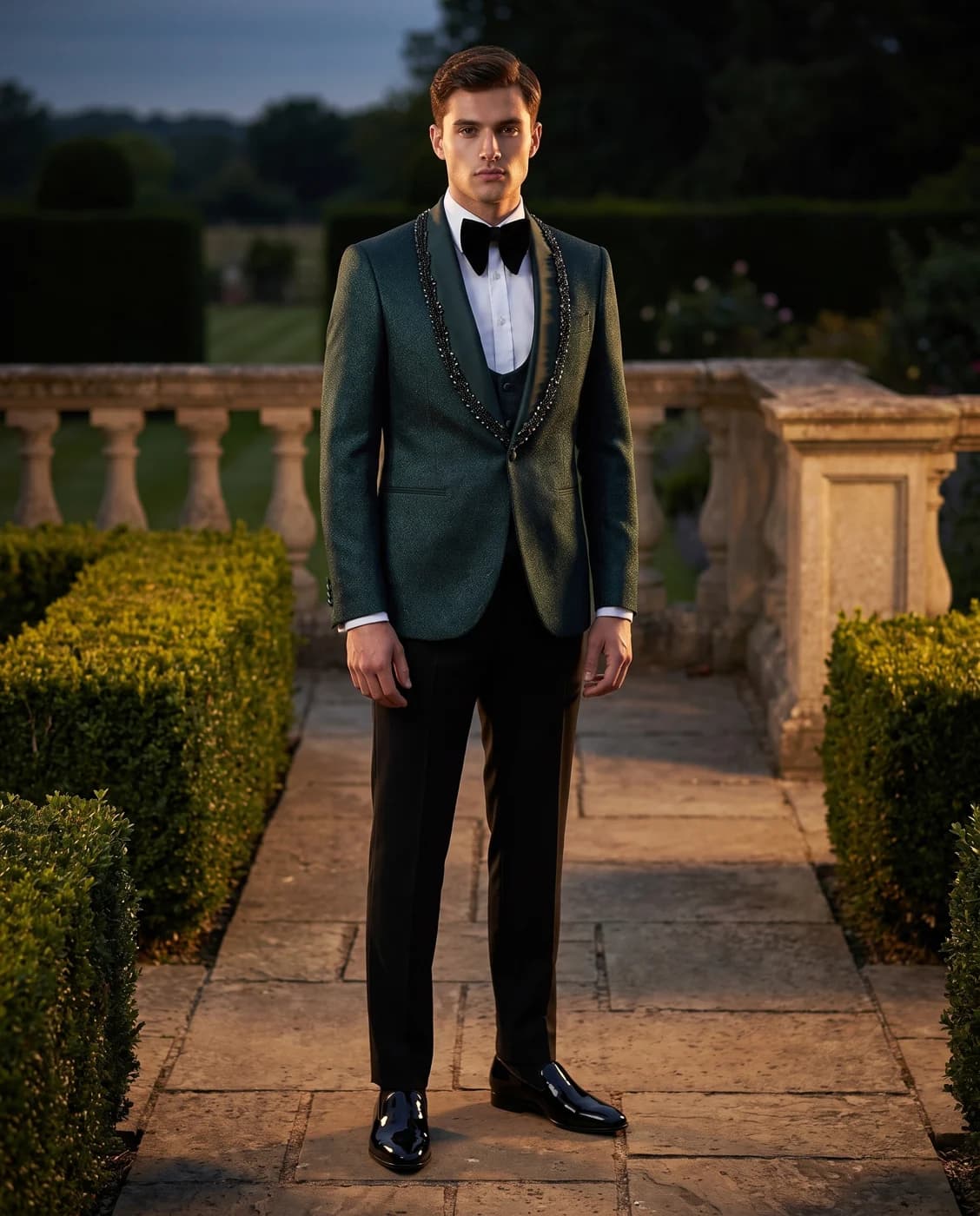 A man in the EMERALD tuxedo, green with a beaded shawl lapel, wearing the patent slippers on a garden terrace