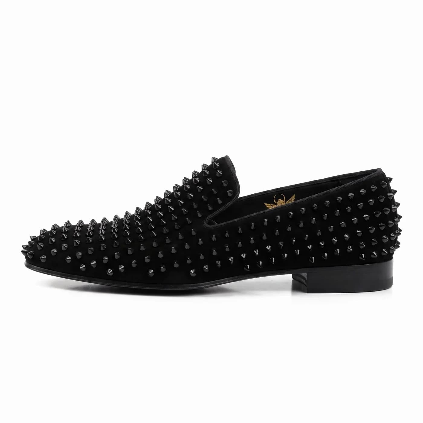 Spiked loafer, black, in side profile with a black sole
