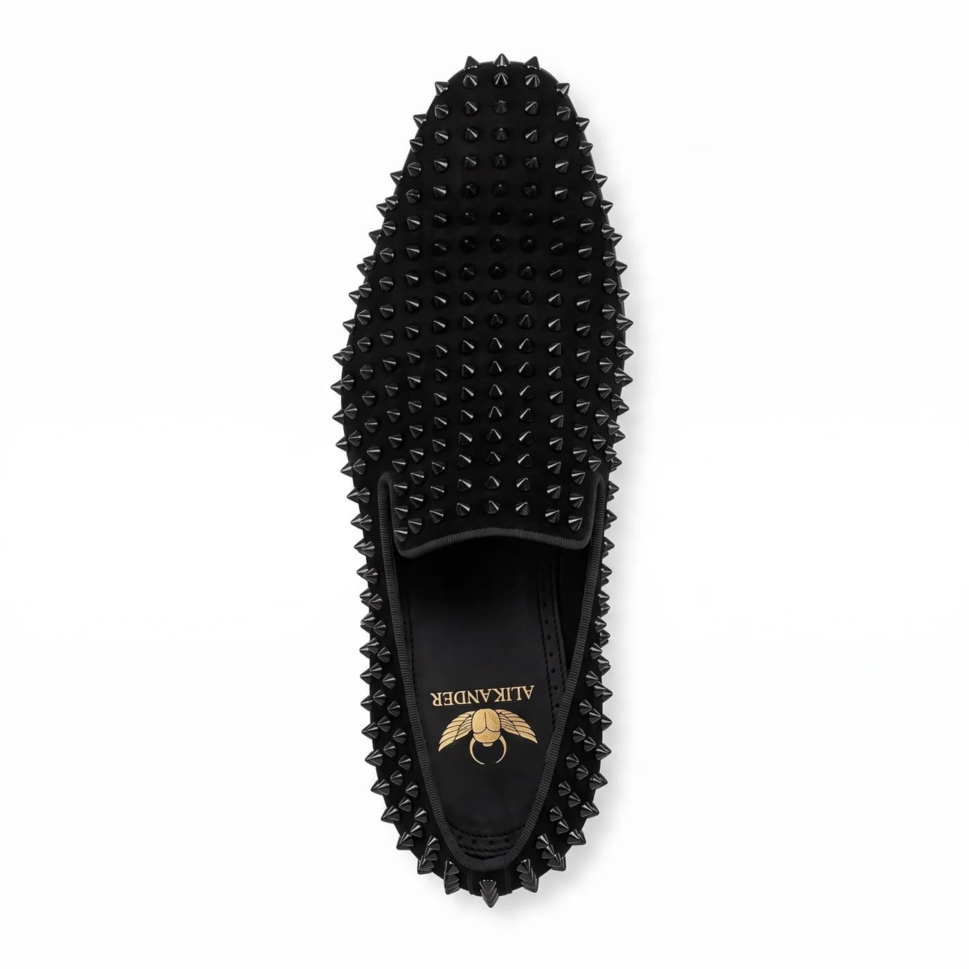 Spiked loafer, black, from above, the Malik Alexander logo in gold on the black insole