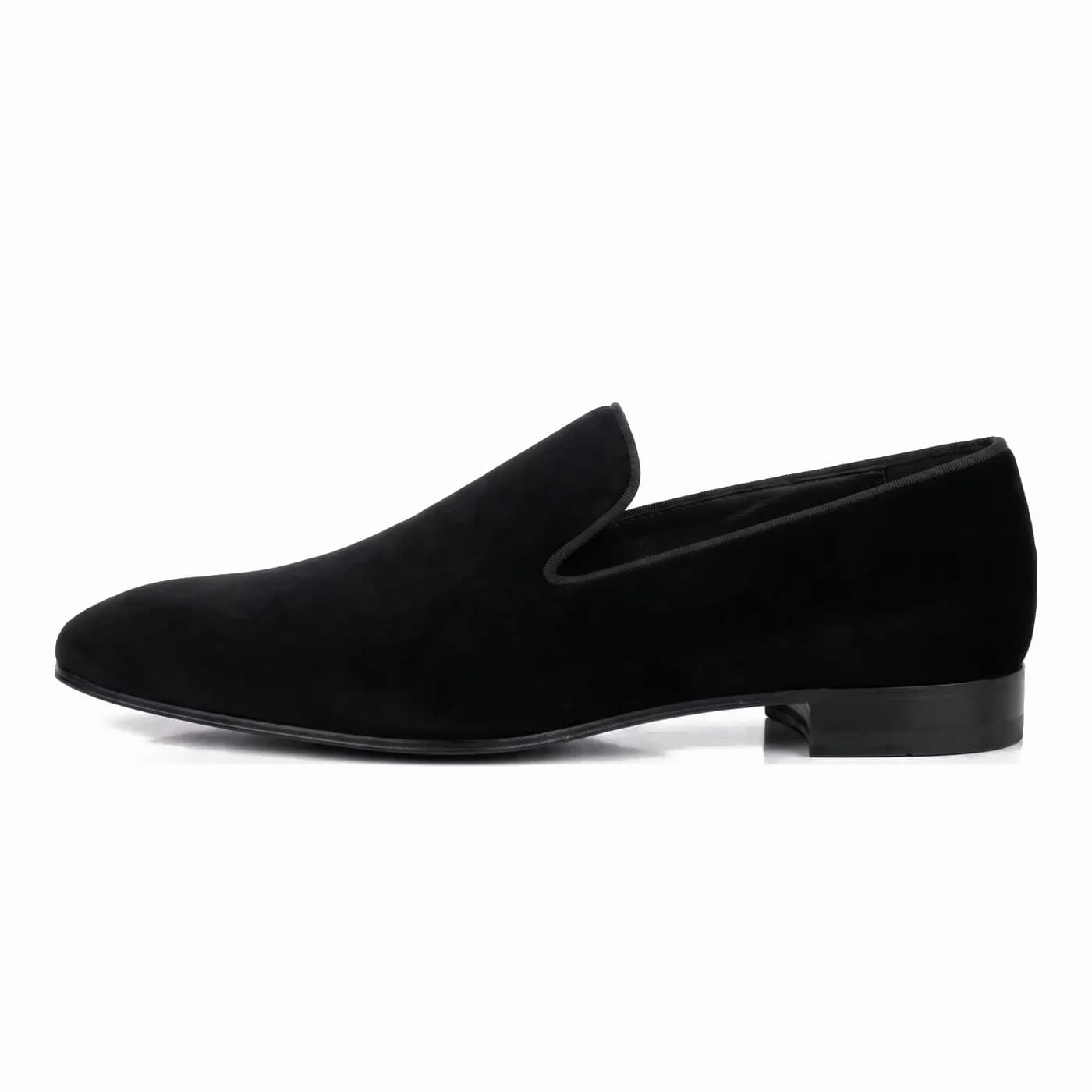 Smoking slipper, black, in side profile with a black sole