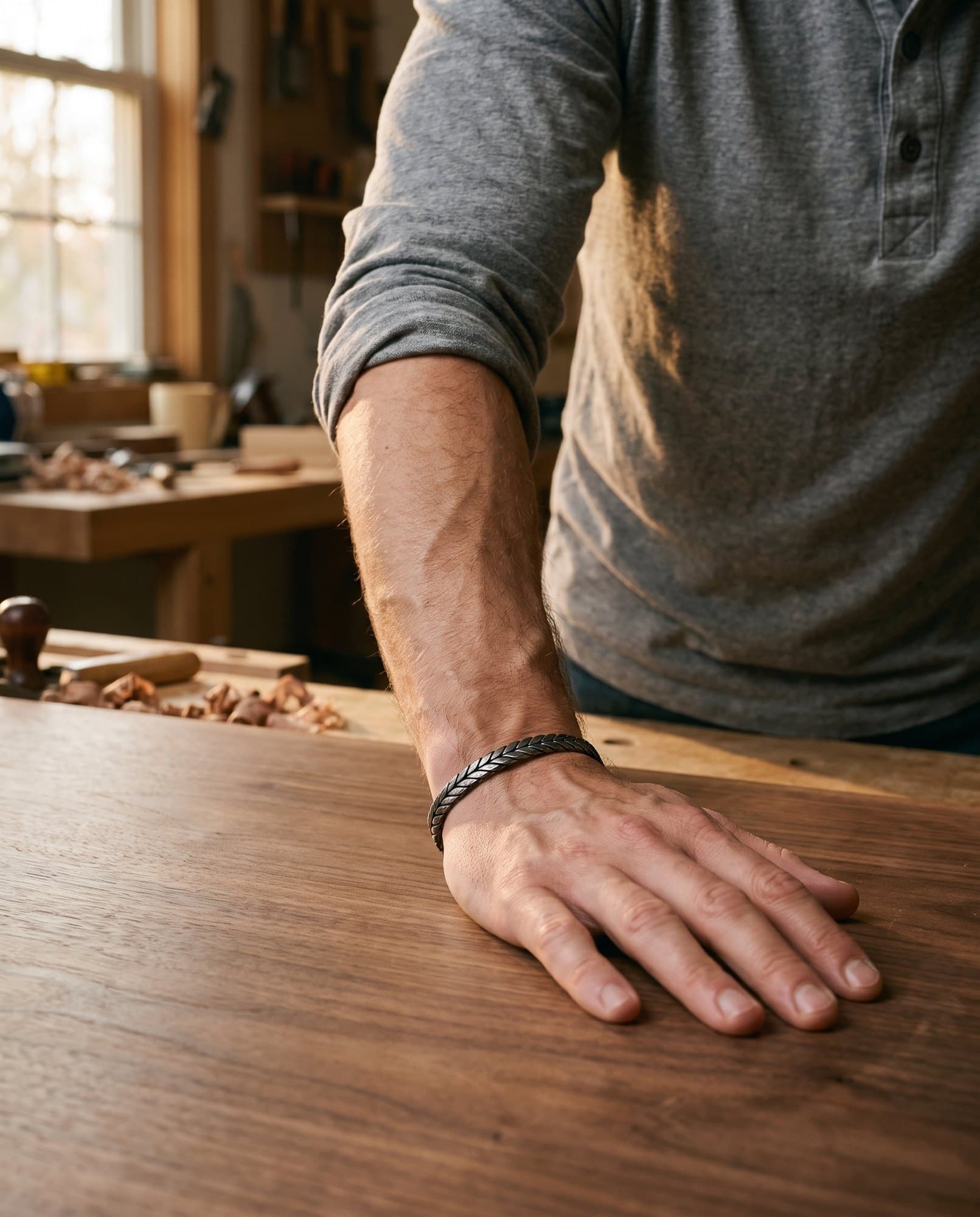 A strong hand resting flat on a smooth walnut table top, a fine braided steel cuff at the wrist.
