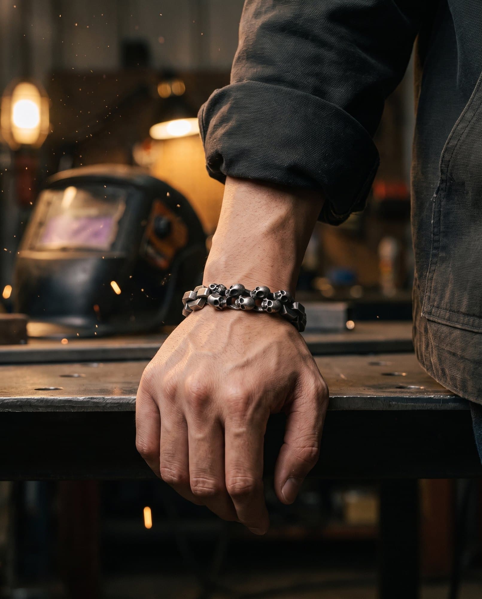 A forearm resting on a steel workbench, an antiqued hex link chain with small skulls at the wrist.