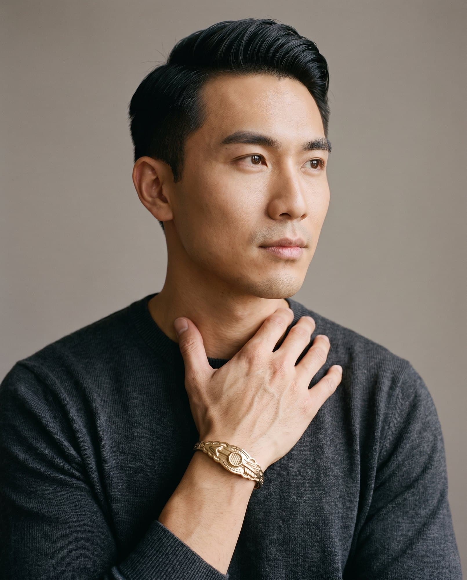 A man in a charcoal knit with his hand at his collarbone, the Luxor Feather Cuff on his wrist.