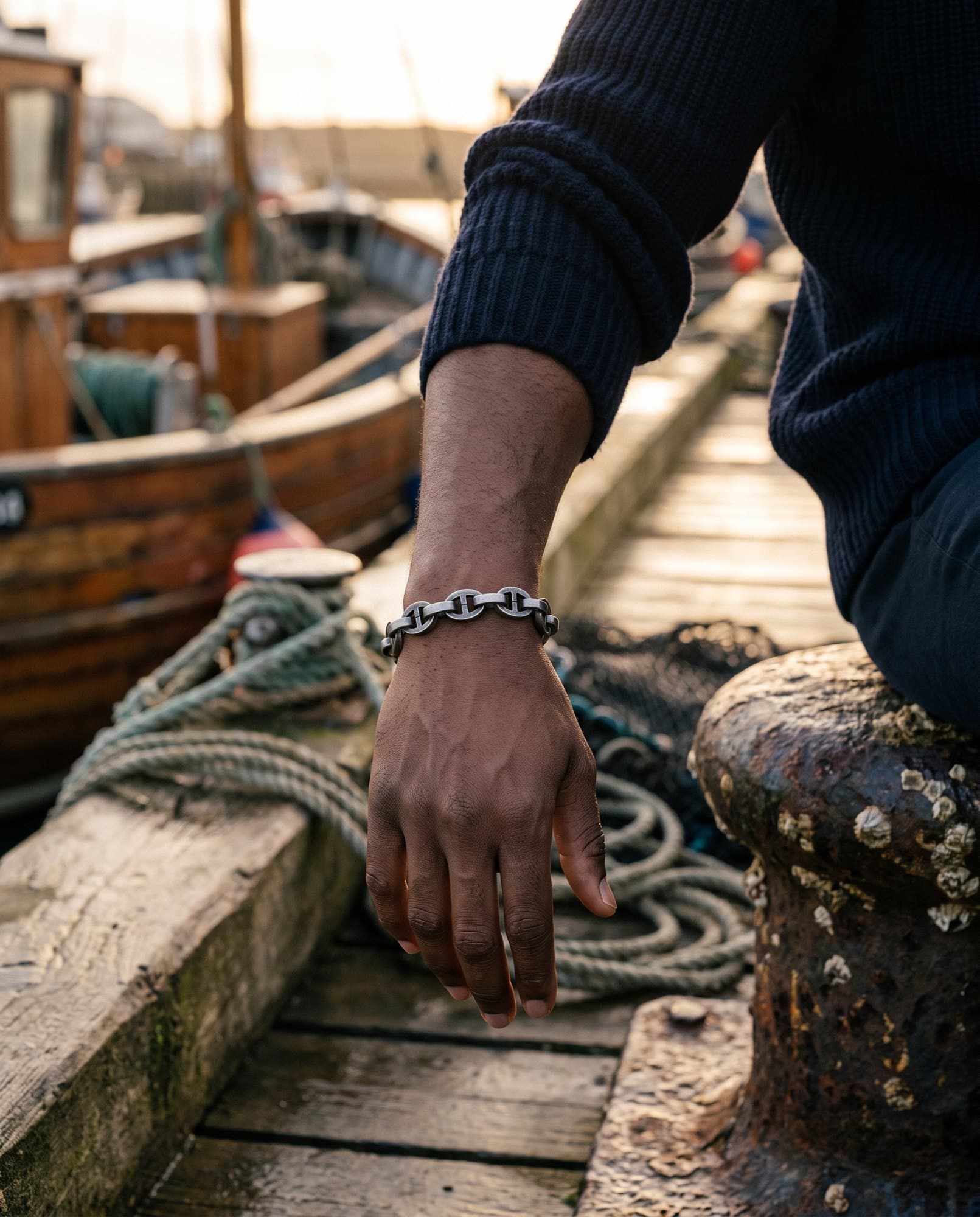 A forearm resting on a knee on a harbour dock, an antiqued mariner link chain at the wrist.