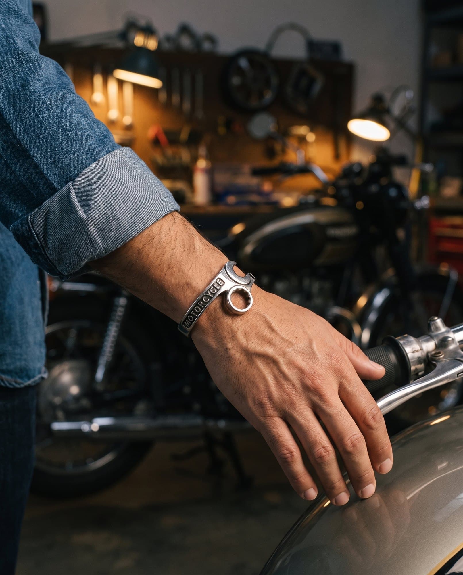 A strong hand resting flat on a motorcycle fuel tank, a wrench shaped steel cuff at the wrist.