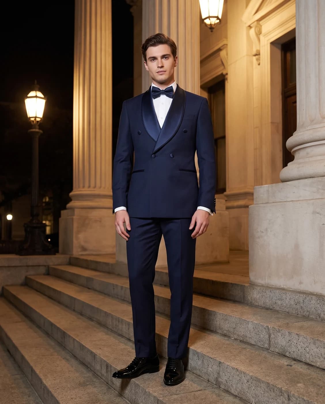 A man in the navy ANCHOR tuxedo wearing the cap toe oxfords on stone steps at night