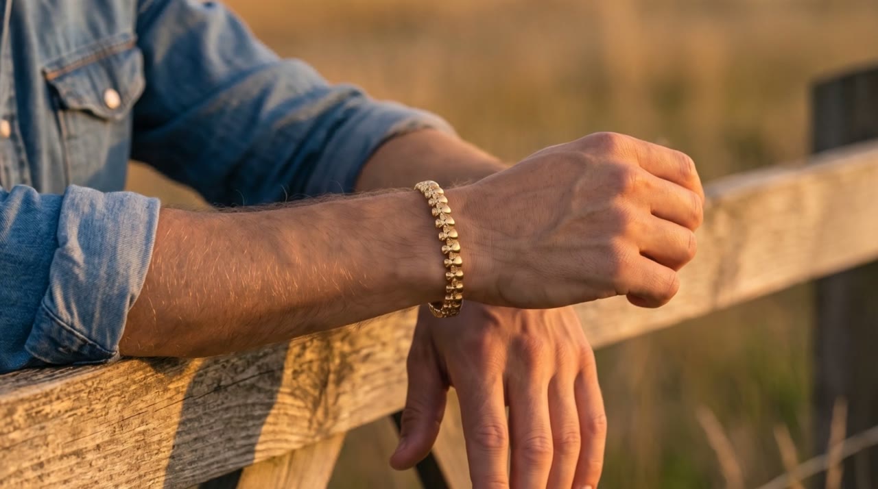 Cartouche Bead Cuff Gold worn in the scene