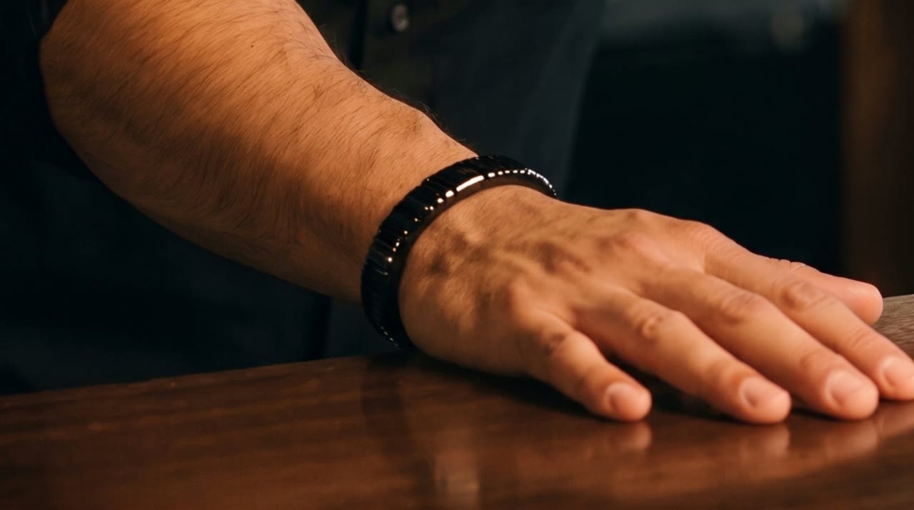 Coil Bangle Noir worn in the scene