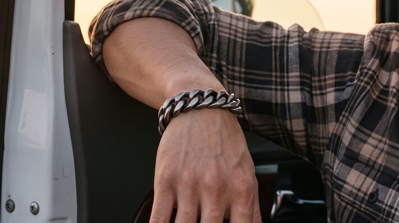 Gunmetal Curb Chain worn in the scene