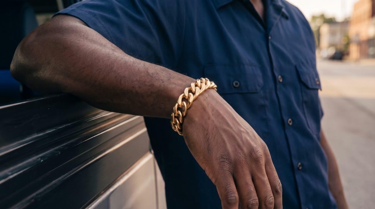 Pillar Link Cuff Gold worn in the scene