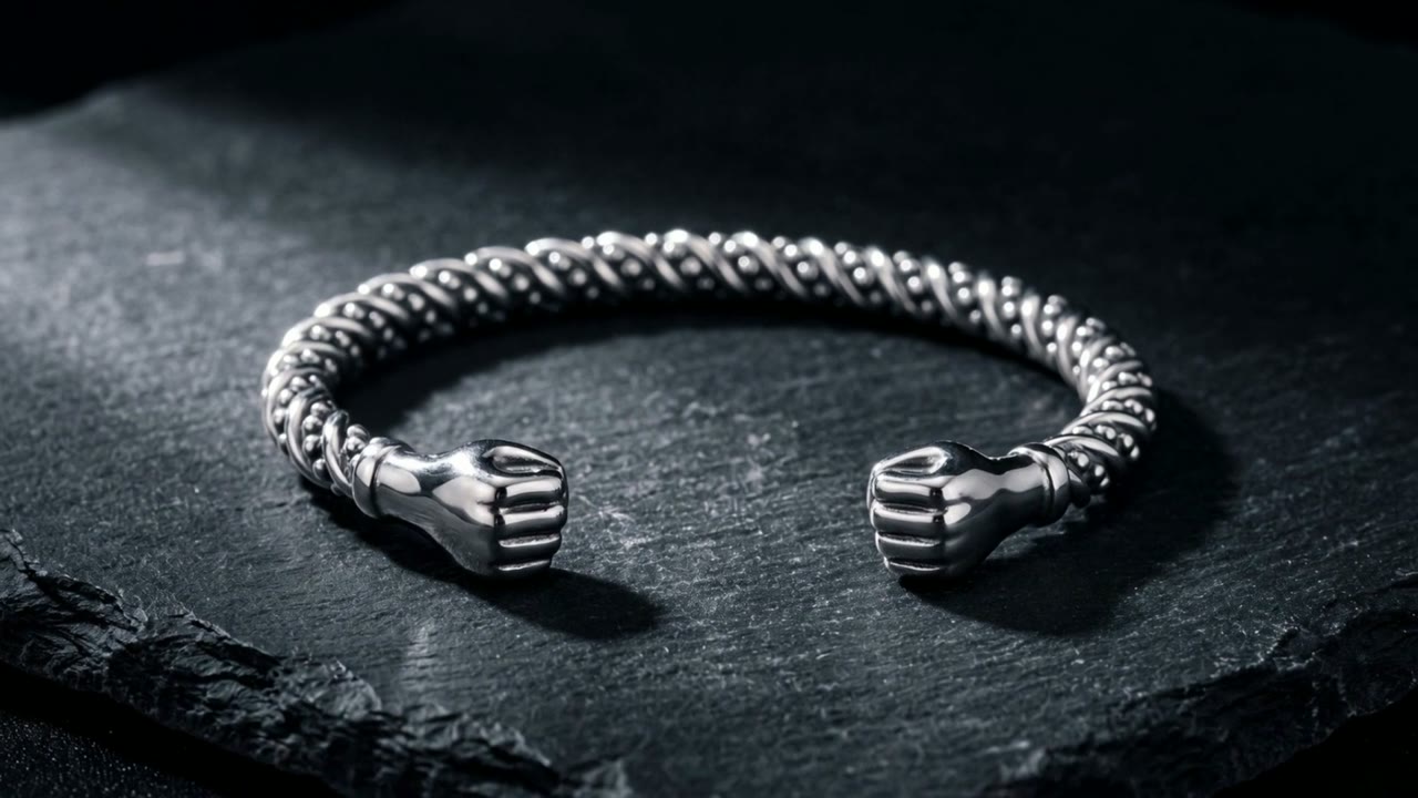 Steel cuff worn with evening dress