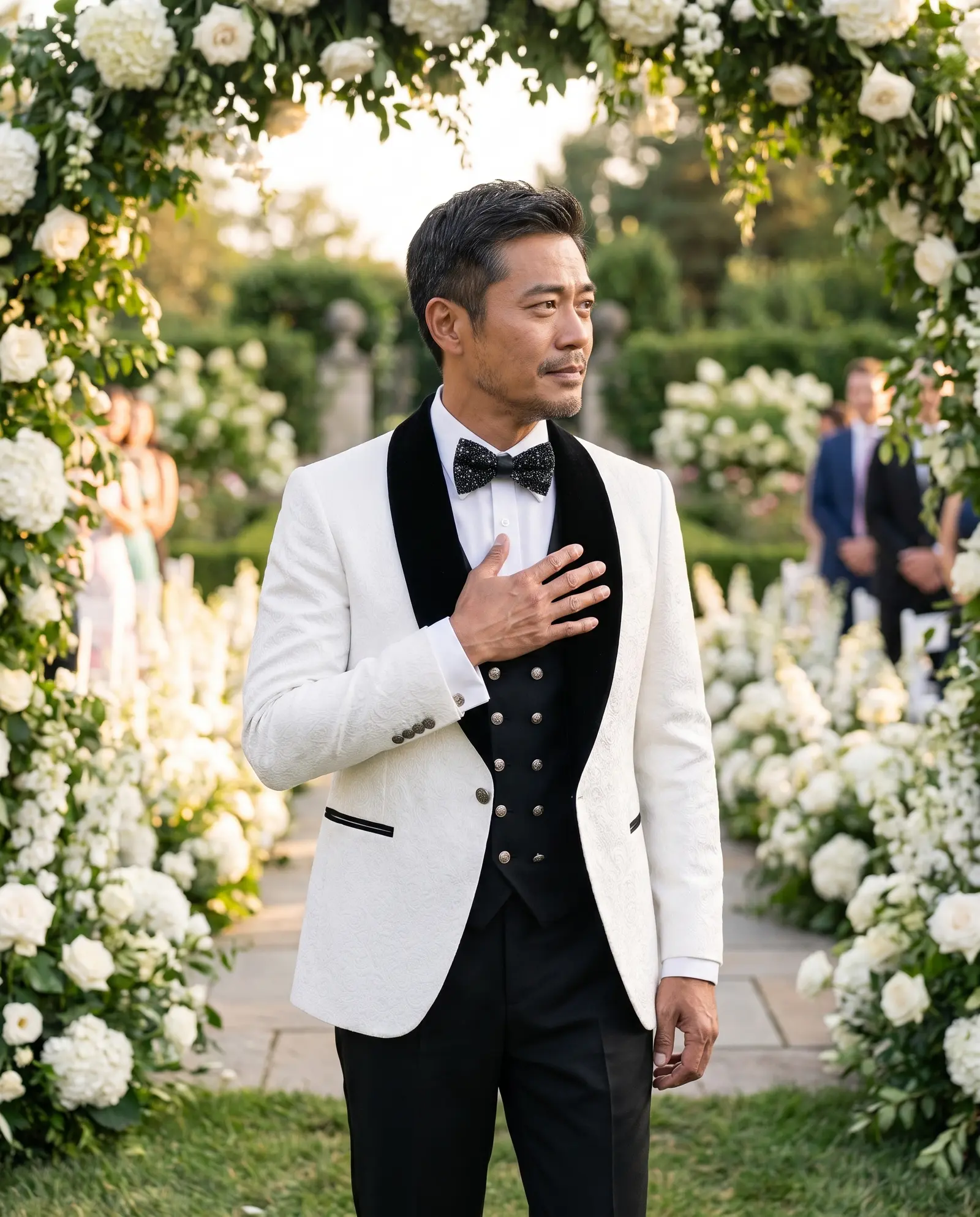 White jacquard Taormina three piece tuxedo occasion photograph
