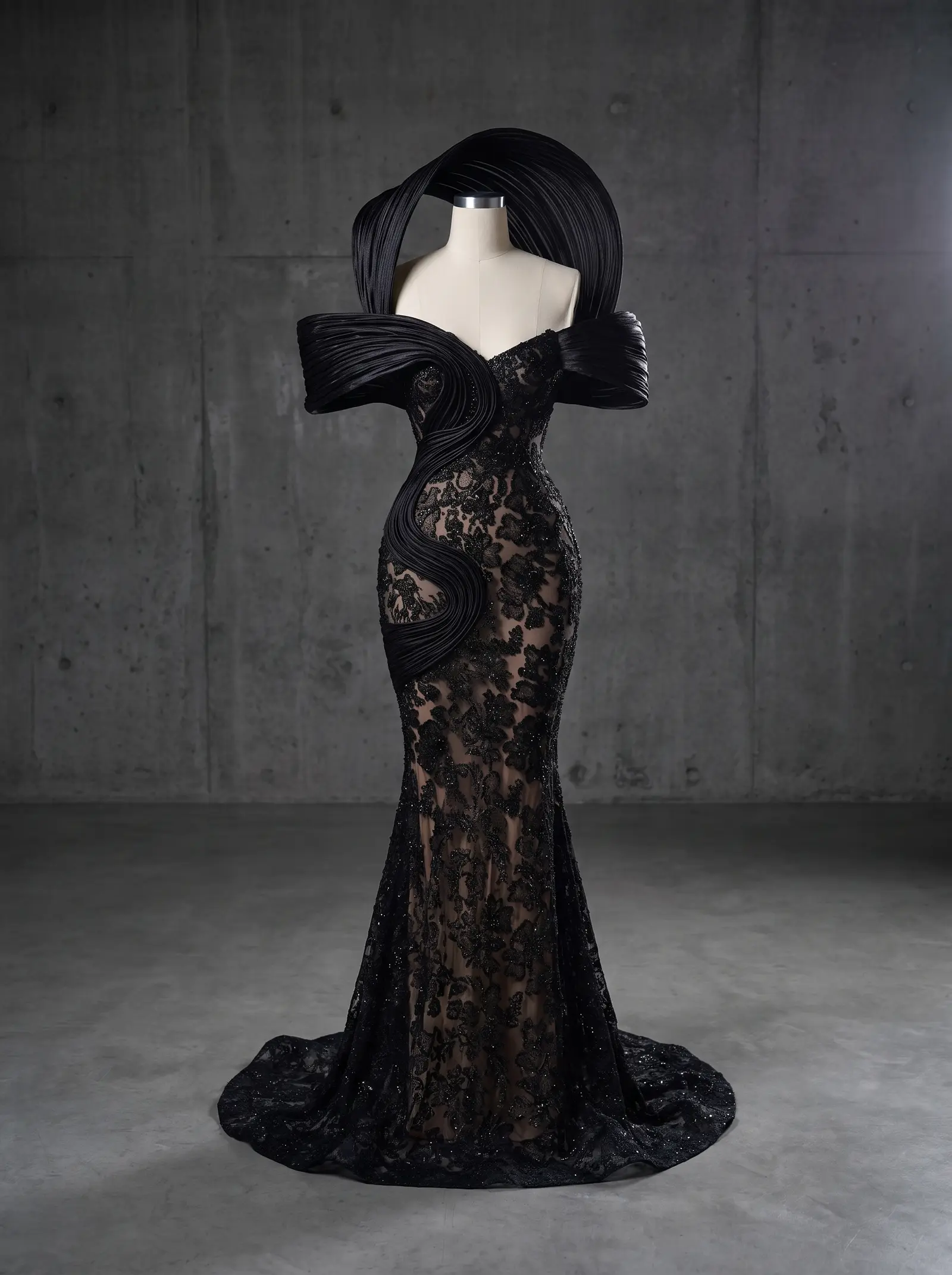 Black lace Halo mermaid gown, mannequin