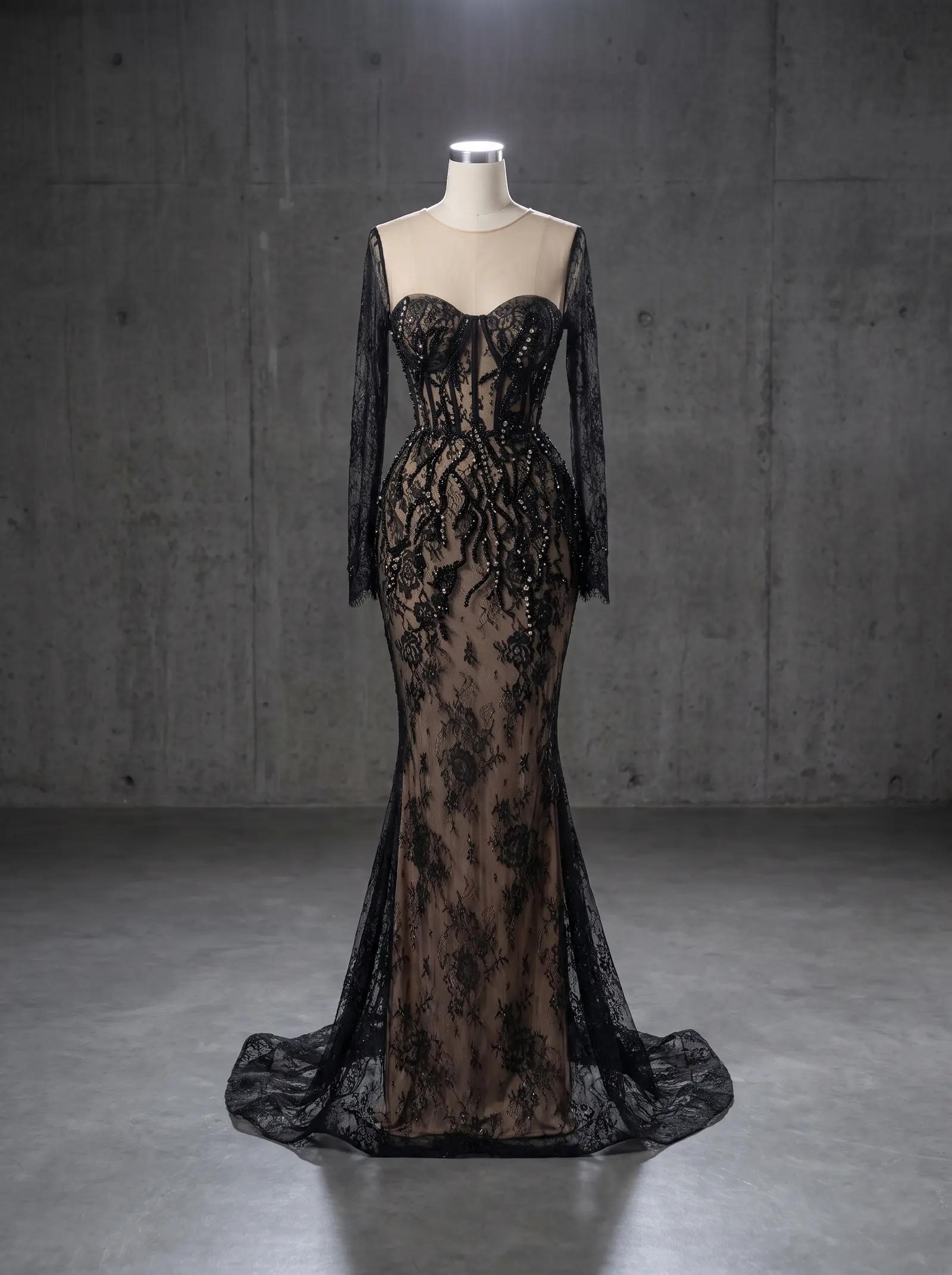 Black lace Contessa mermaid gown, mannequin