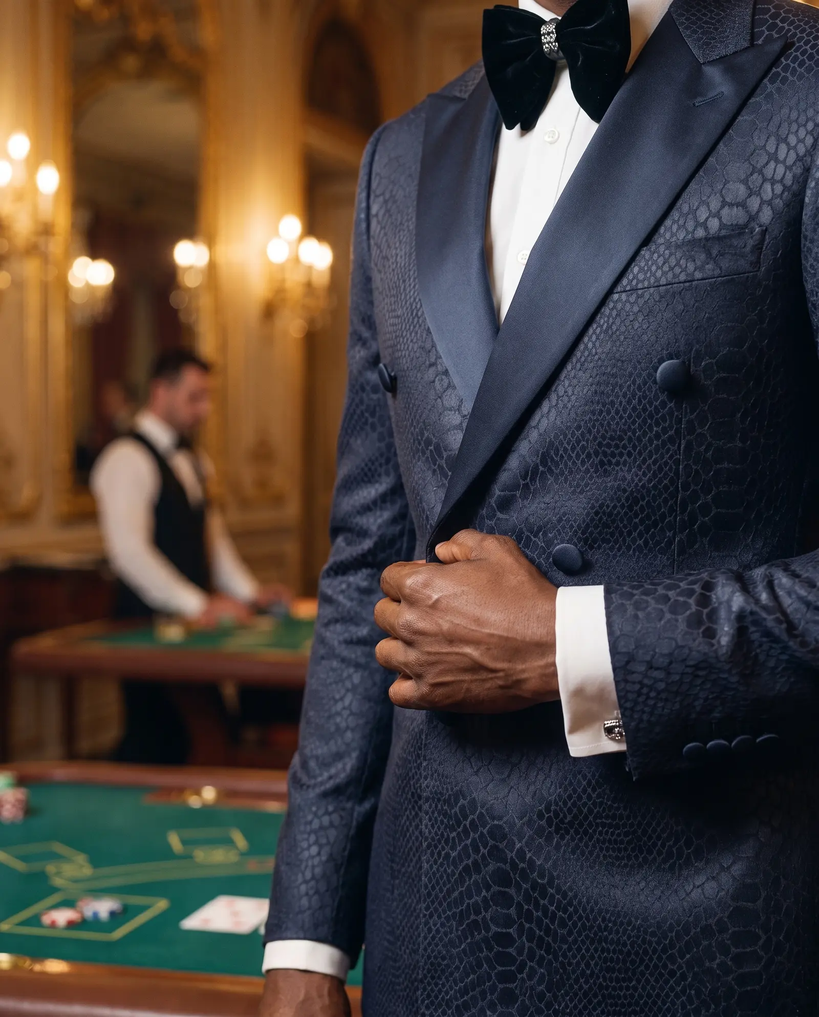 Black croc jacquard Aston tuxedo occasion photograph