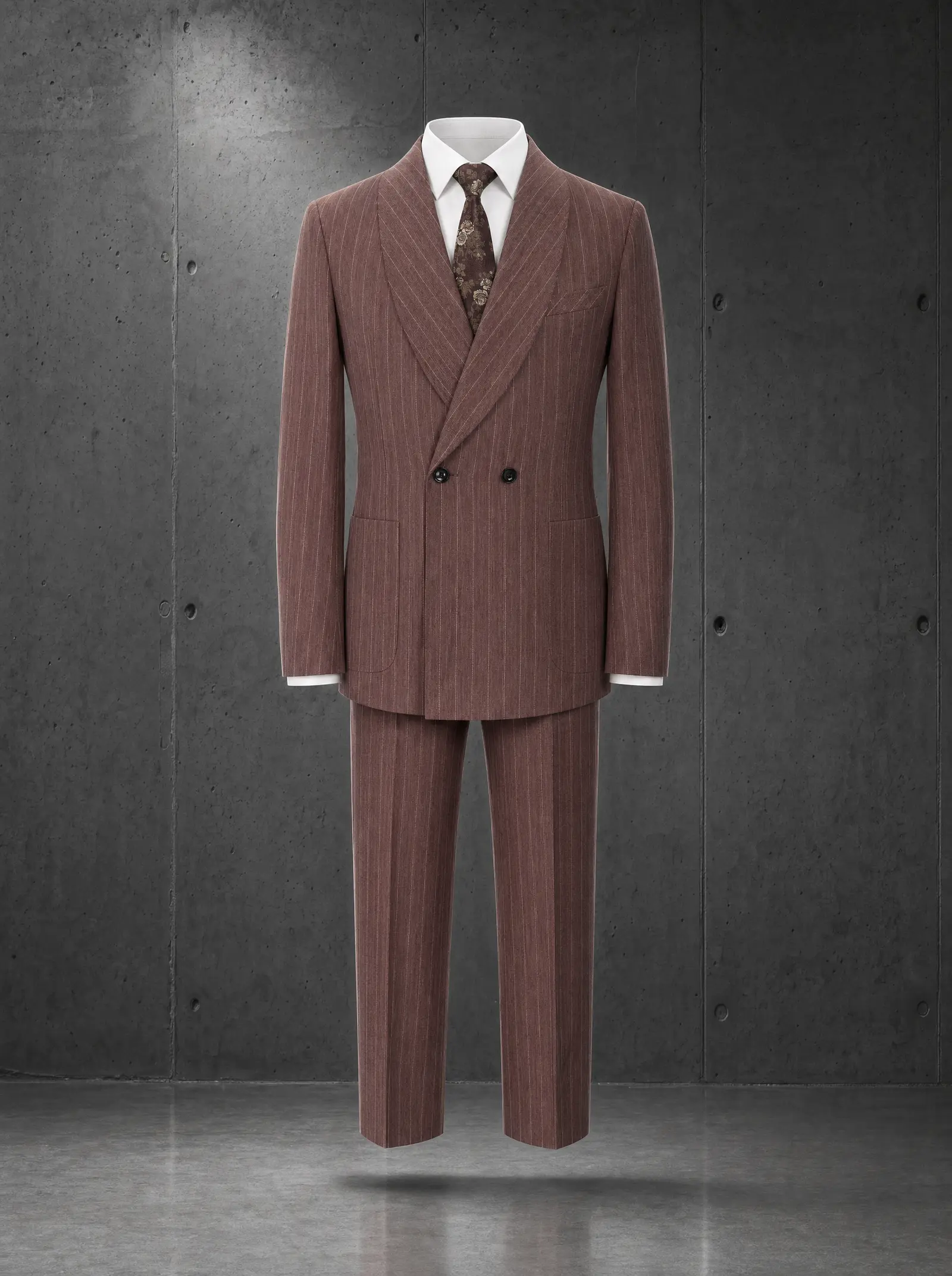 Burgundy pinstripe Antioch suit, ghost