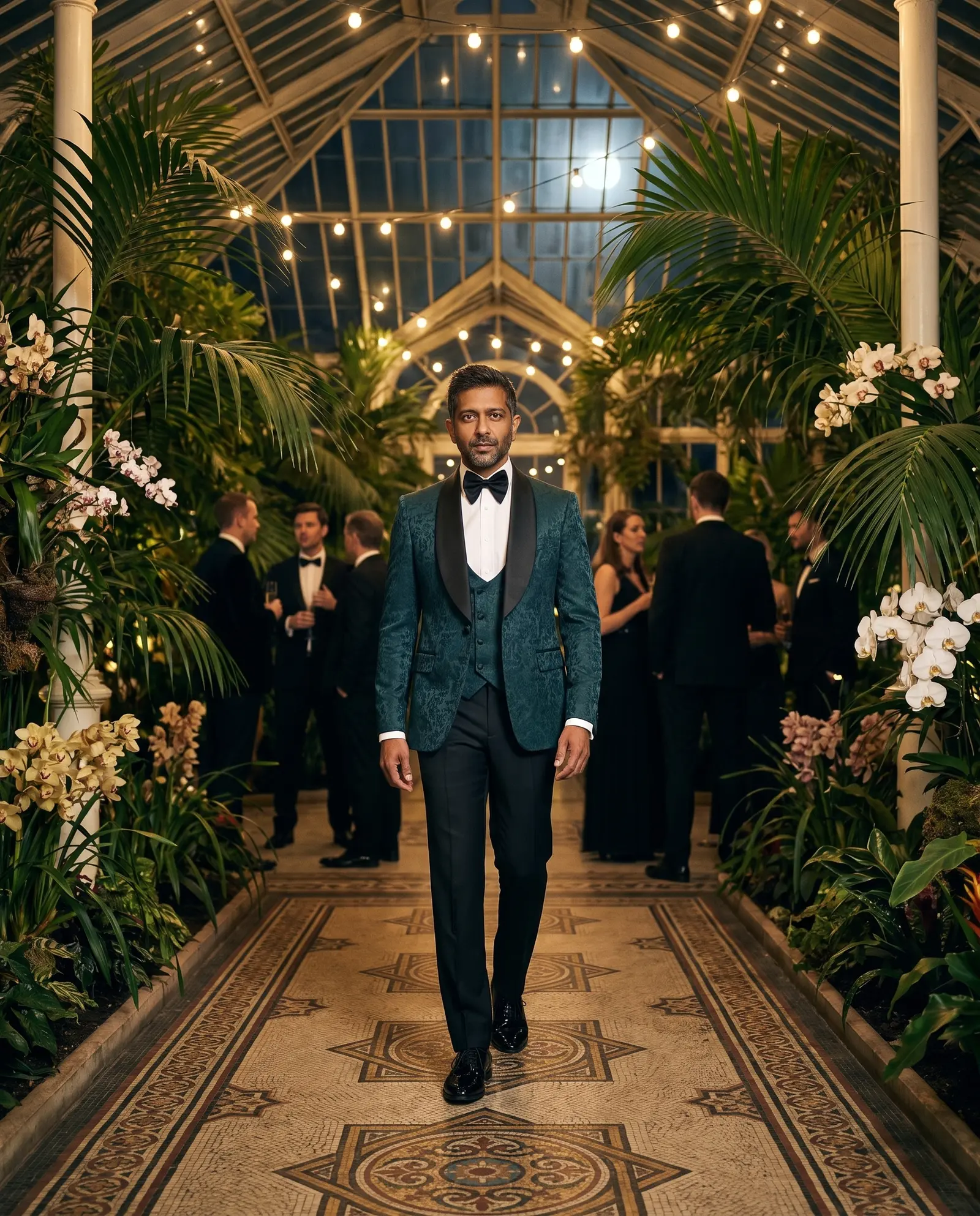 Deep teal jacquard Belvedere three piece tuxedo occasion photograph