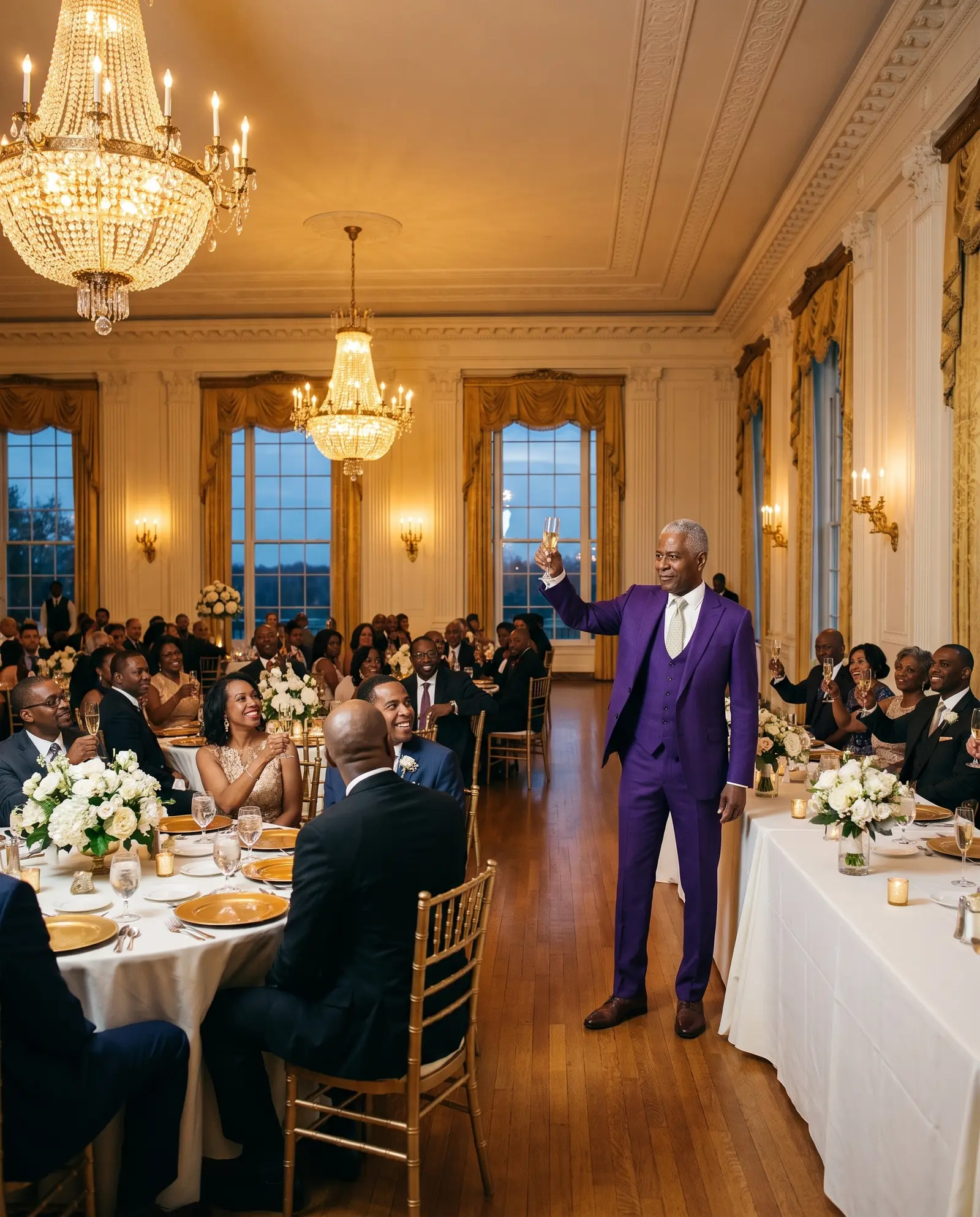 Royal purple Ephesus three piece suit occasion photograph