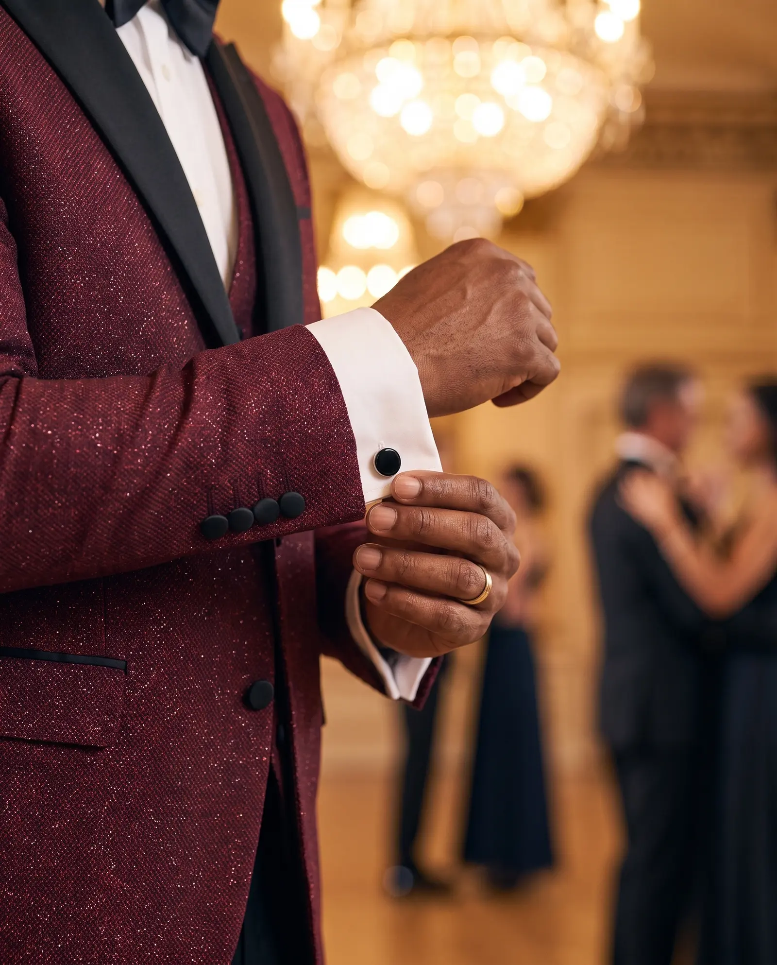 Wine jacquard Marlowe three piece tuxedo occasion photograph