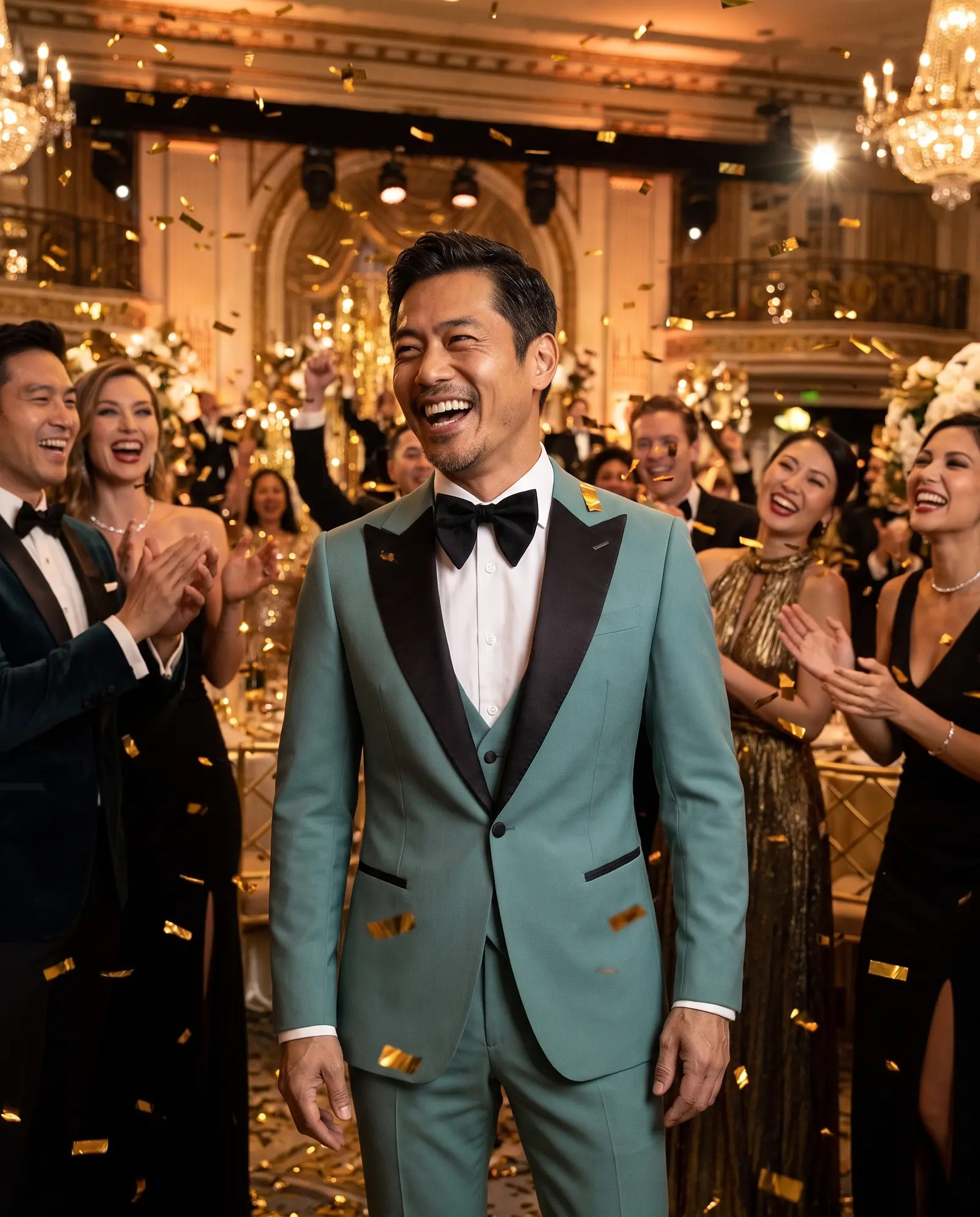 Teal Marrakesh three piece tuxedo occasion photograph