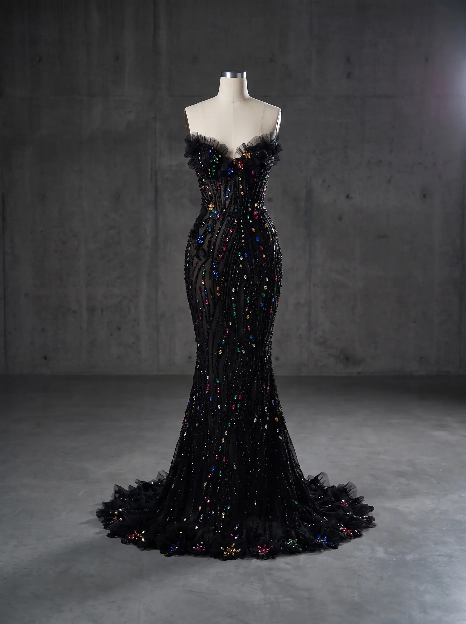 Black Treasure mermaid gown, mannequin
