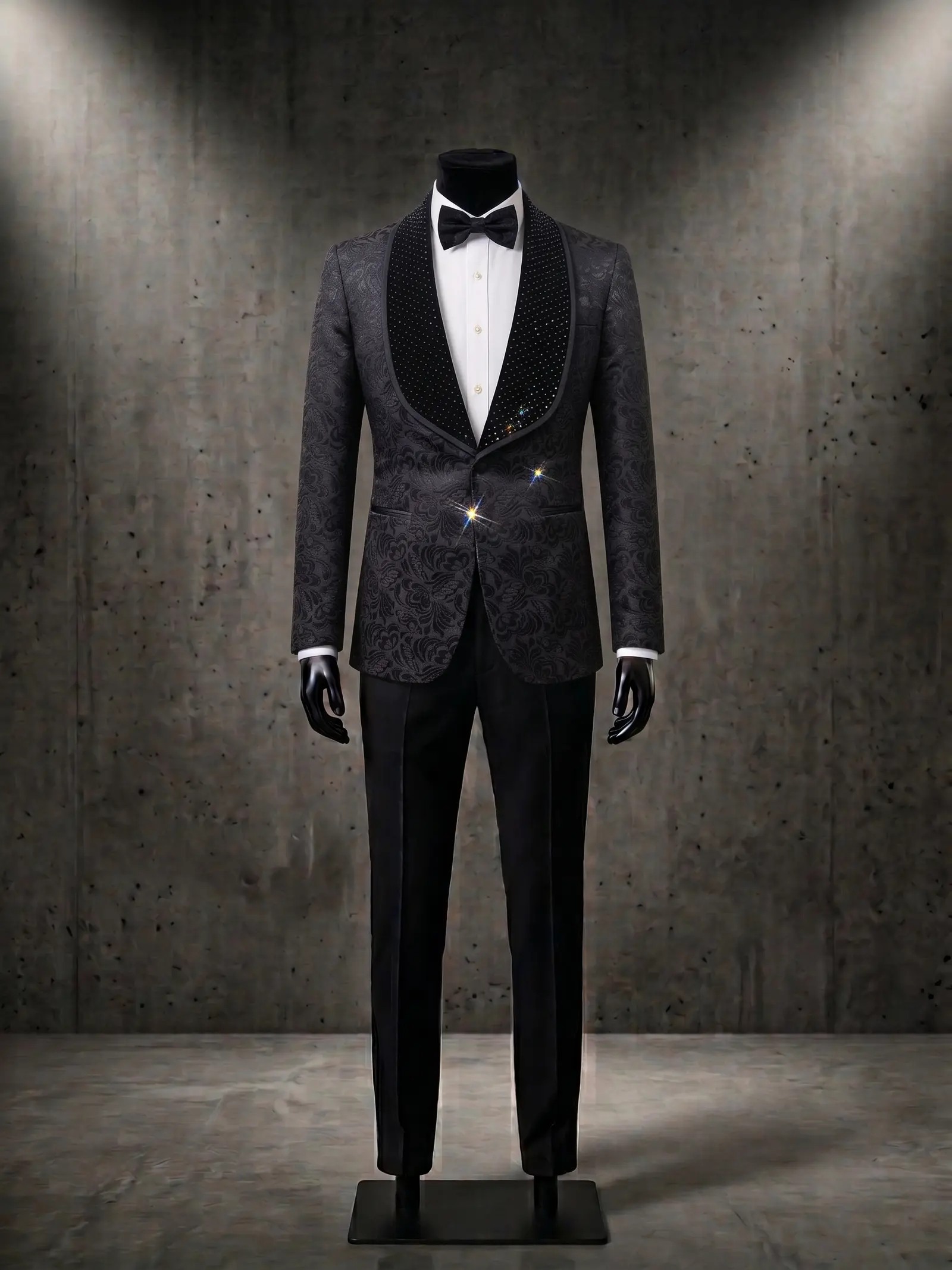 Black jacquard Vesper three piece tuxedo