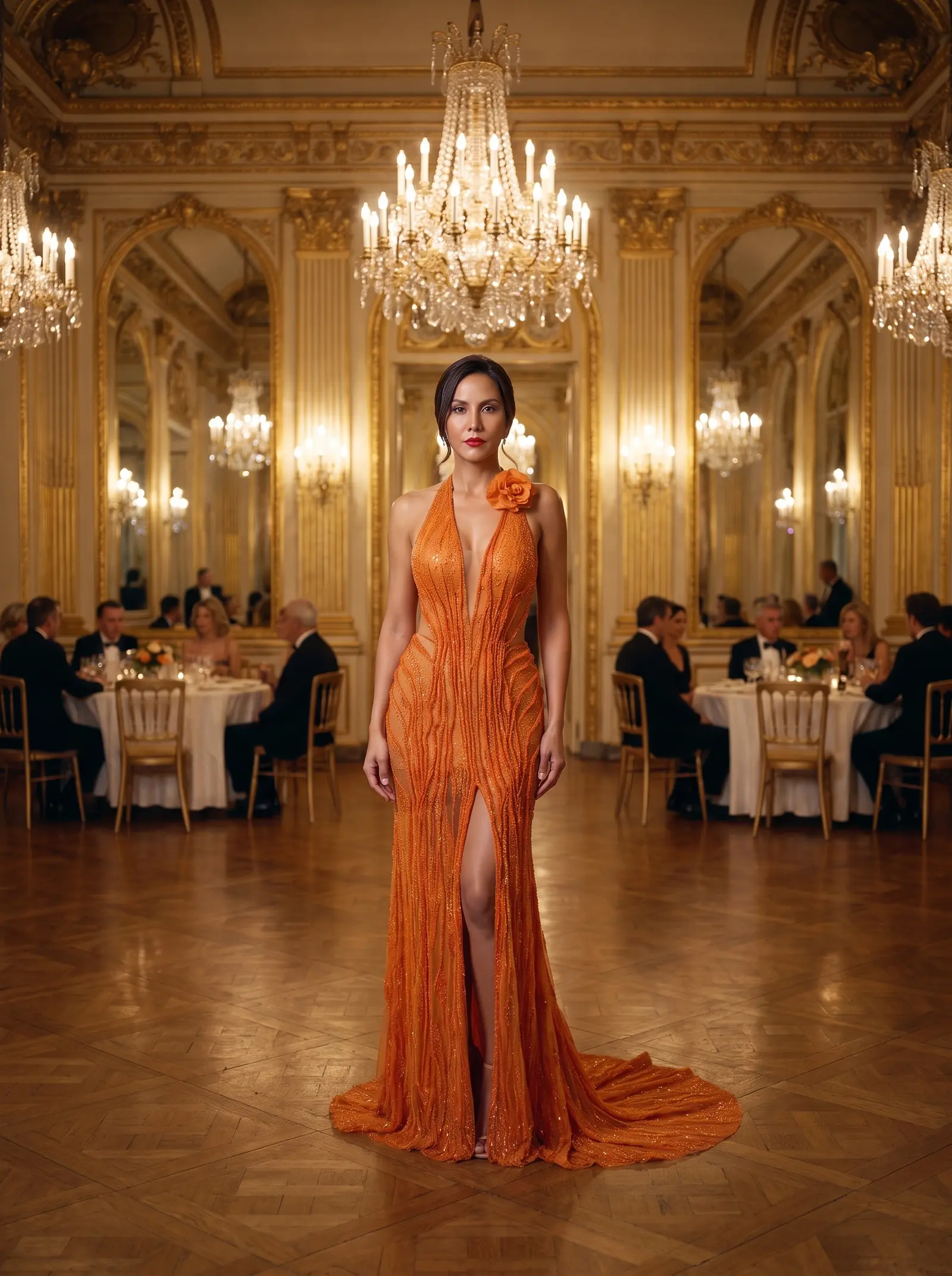 Tangerine Zinnia gown occasion photograph