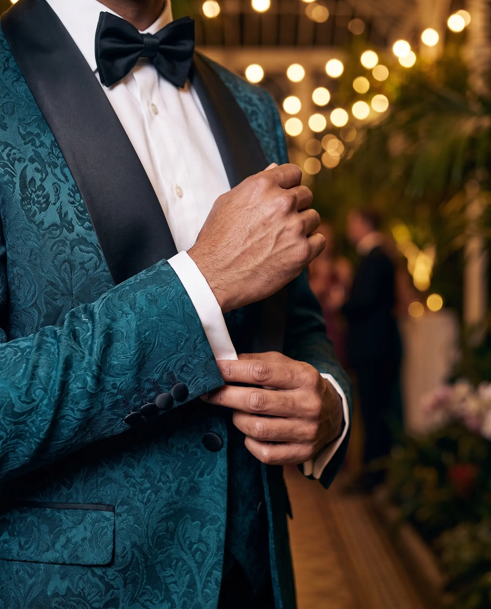 Deep teal jacquard Belvedere three piece tuxedo occasion photograph