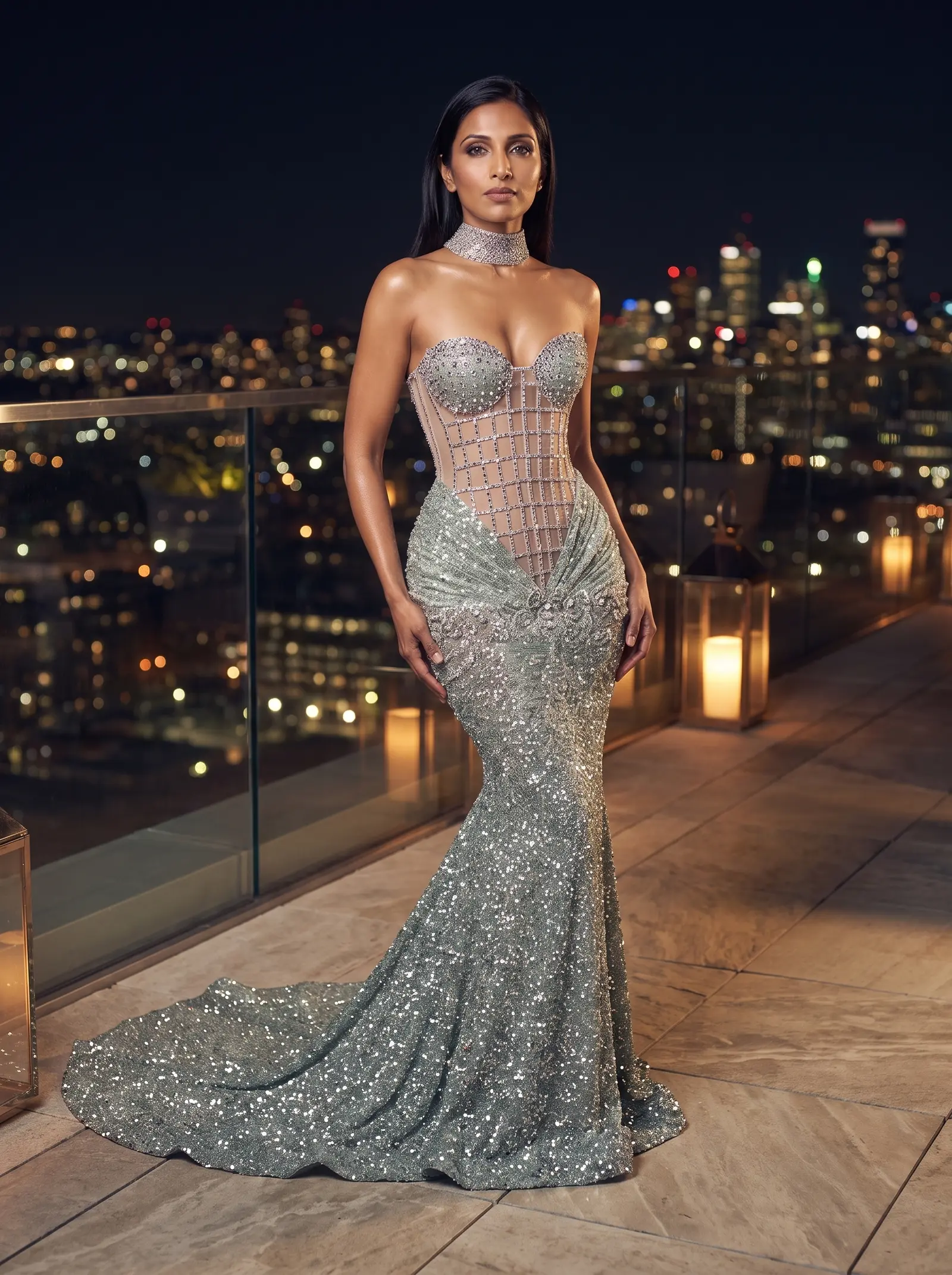 Sage and silver Aurora mermaid gown occasion photograph