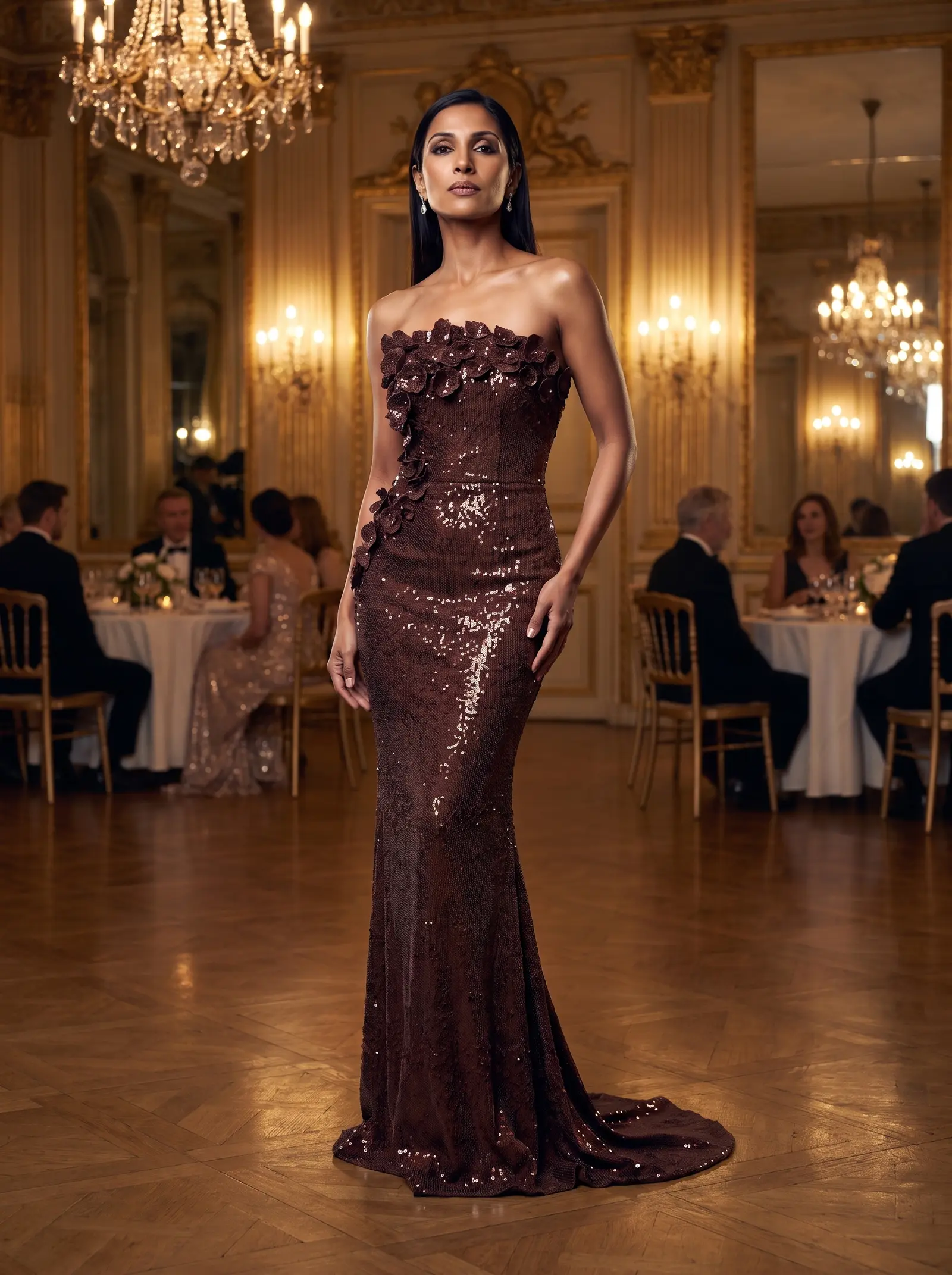 Chocolate Cascade column gown occasion photograph