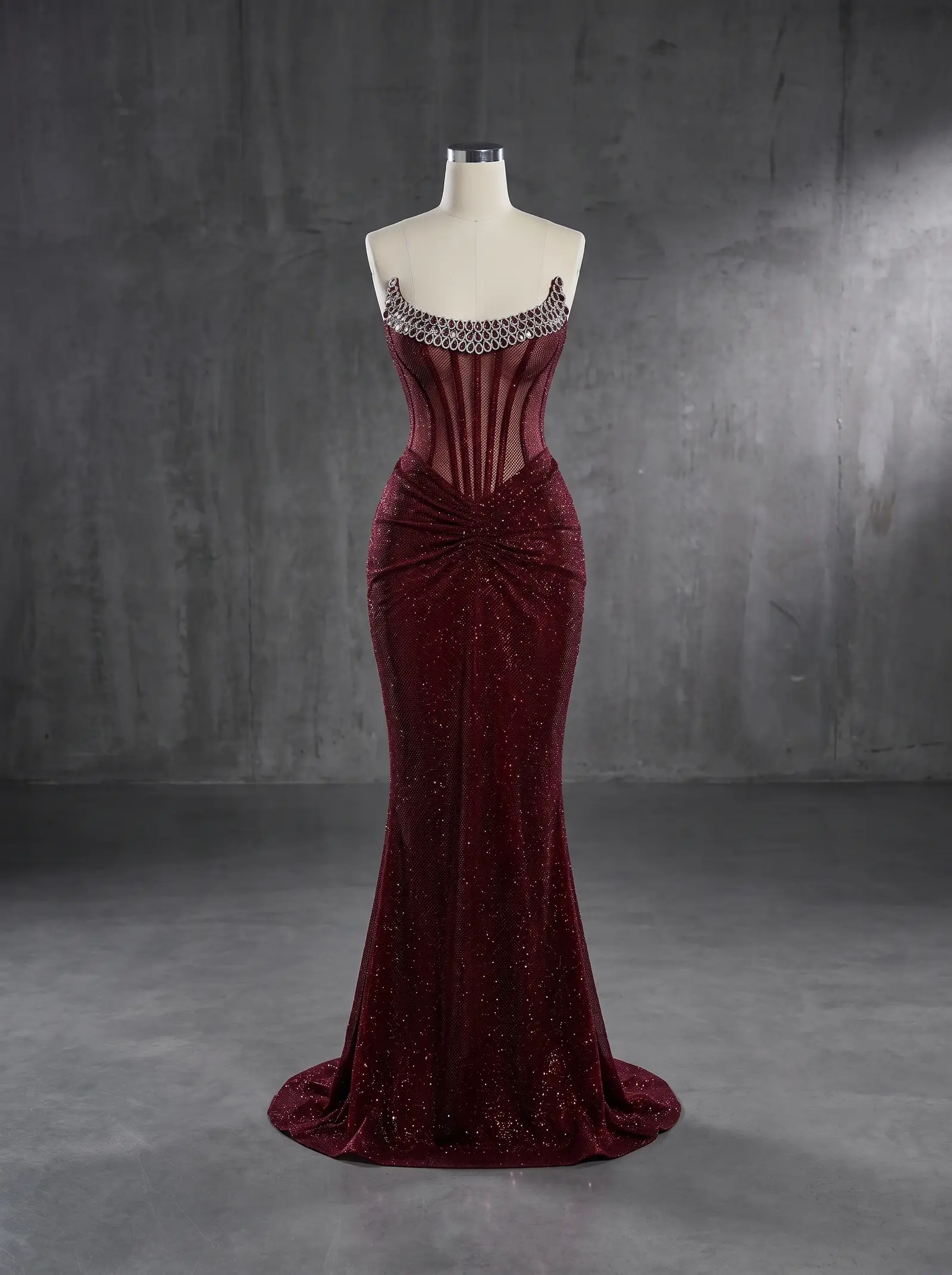Burgundy Garnet gown, mannequin
