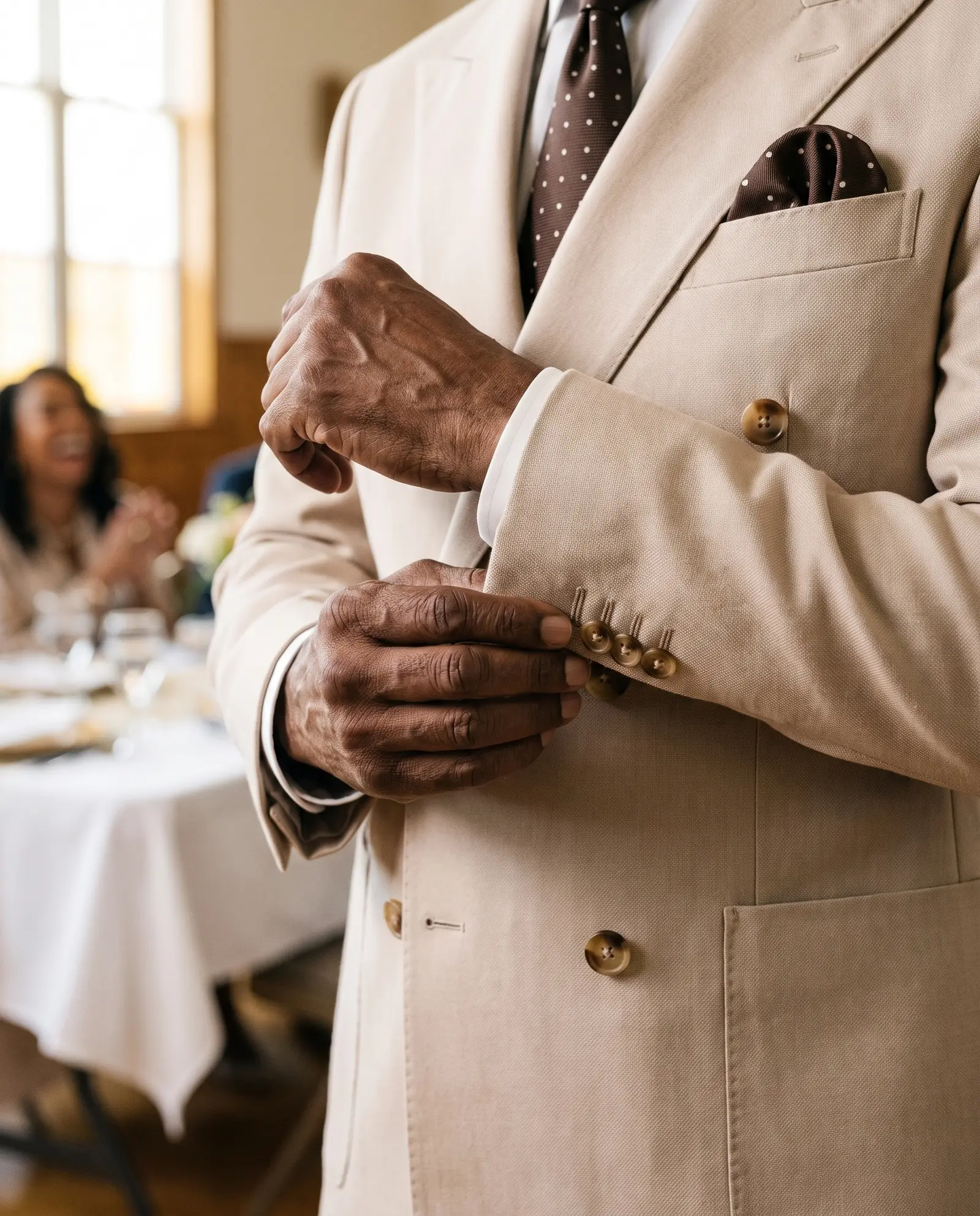 Cream and brown Gilead suit occasion photograph