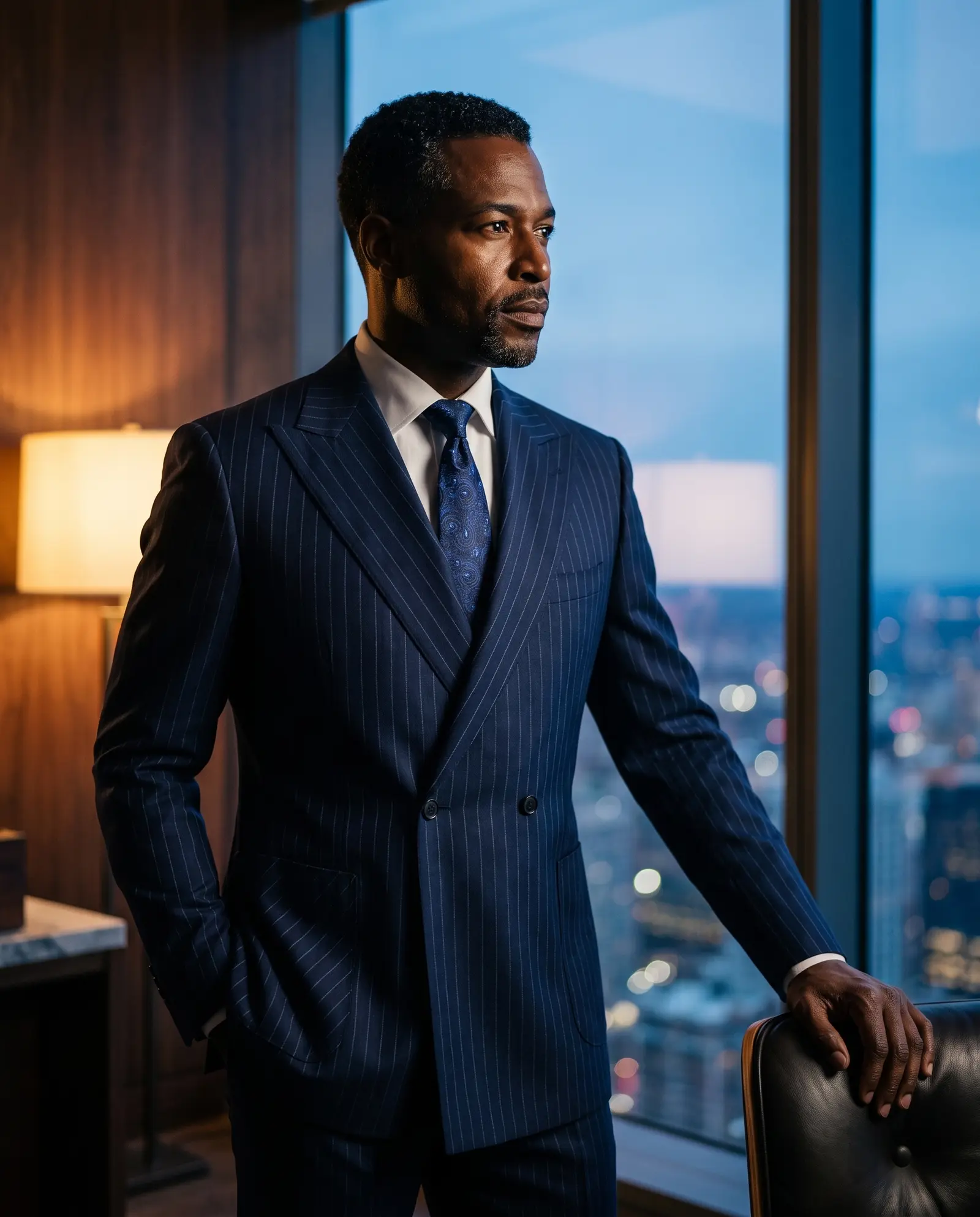 Navy pinstripe Harrington suit occasion photograph