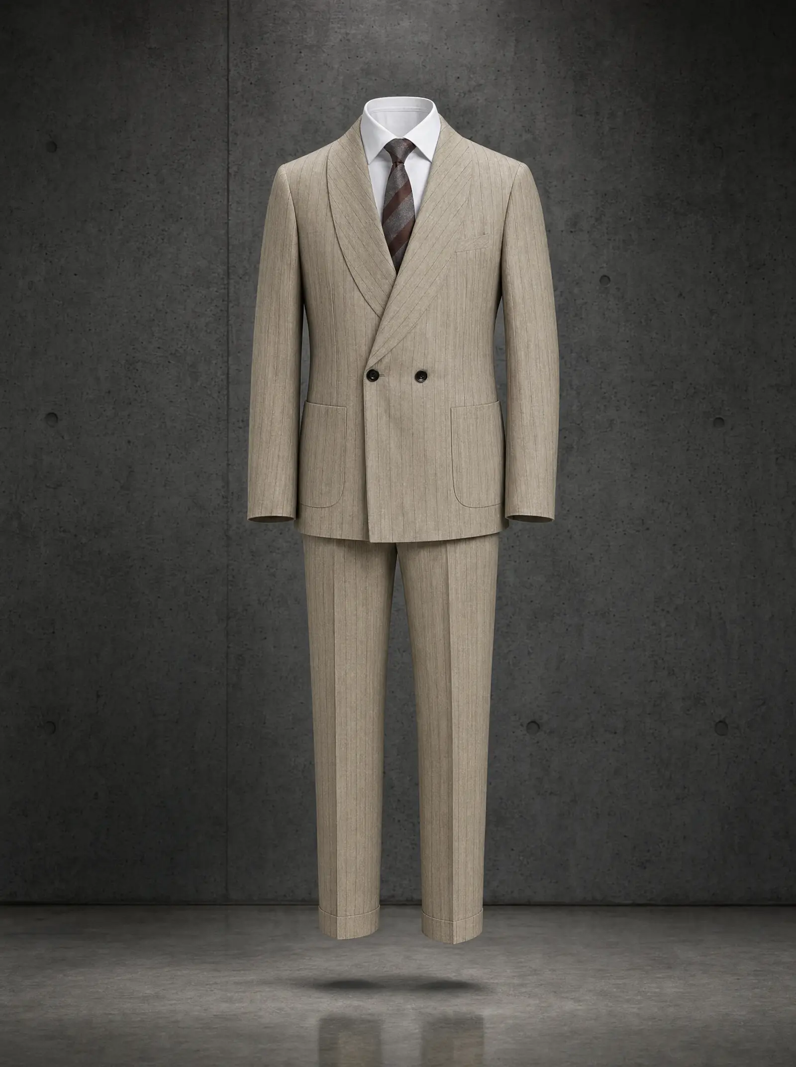 Tan pinstripe Antioch suit, ghost