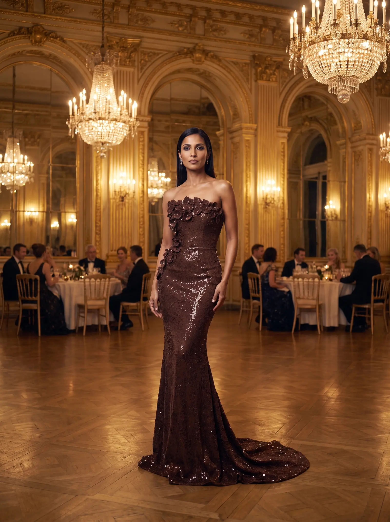 Chocolate Cascade column gown occasion photograph