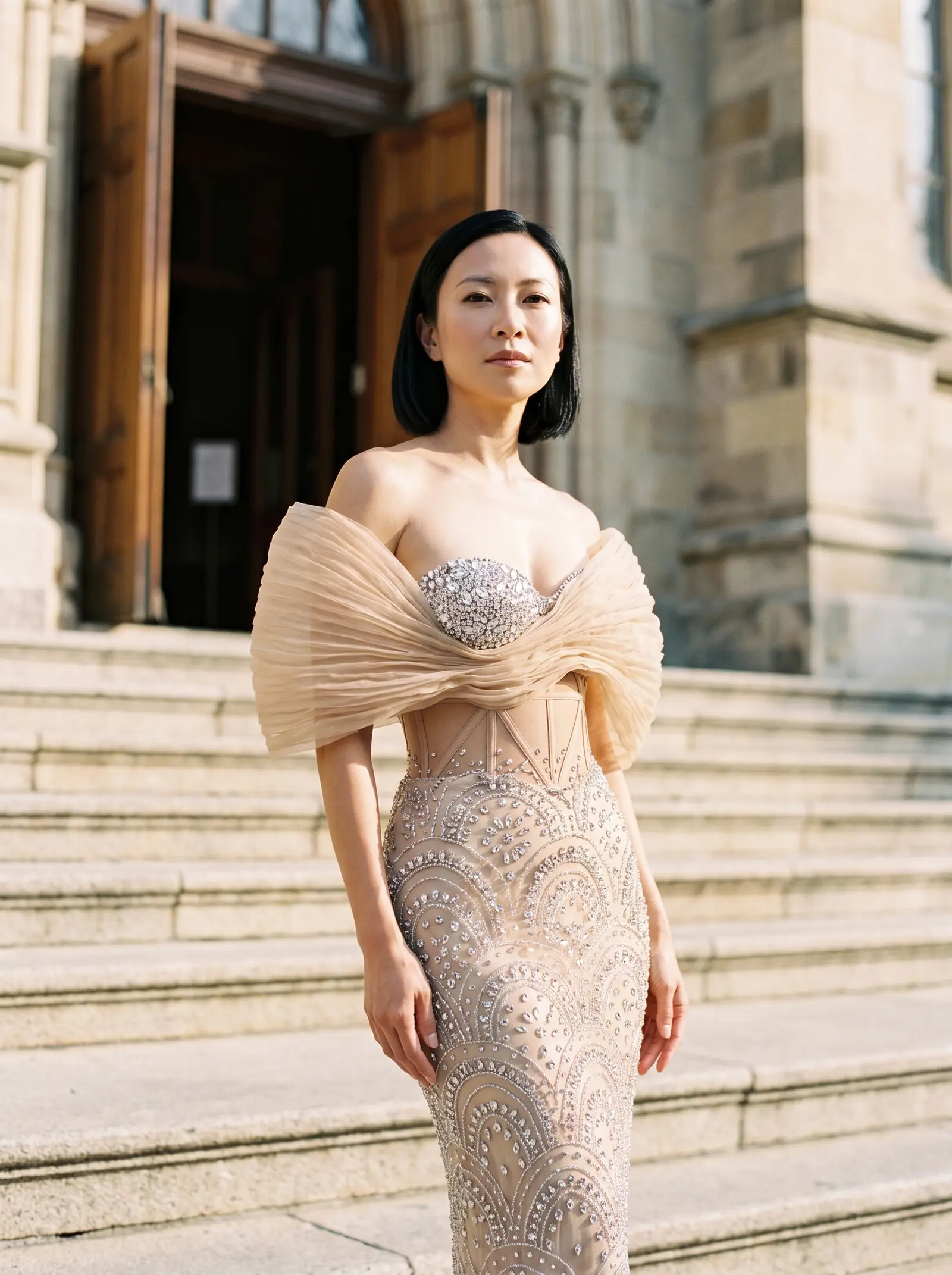 Champagne Dune column gown occasion photograph