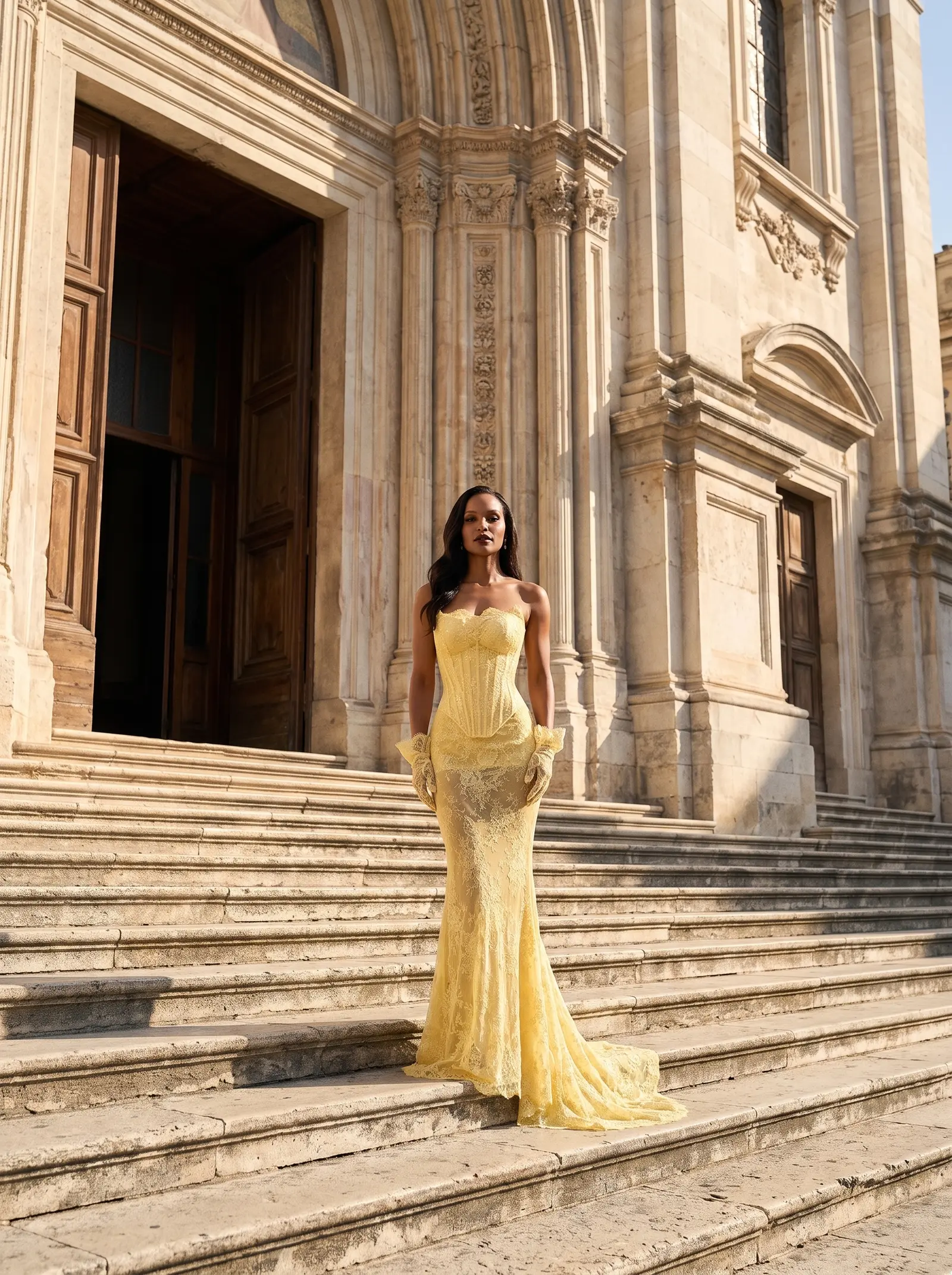 Buttercup yellow Sunbeam lace gown occasion photograph