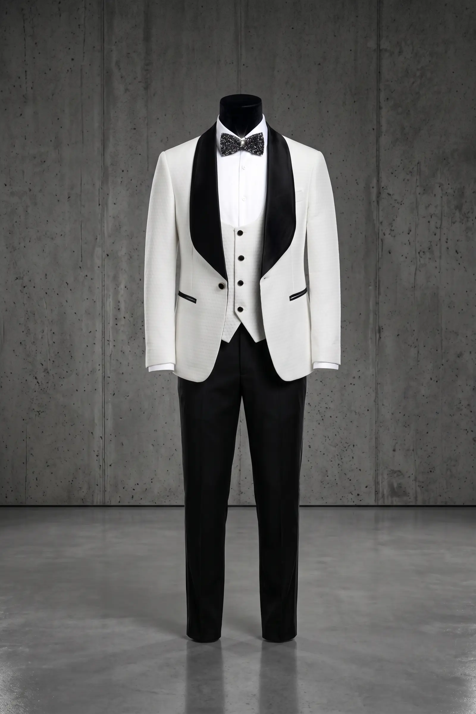 White quilted Como three piece tuxedo