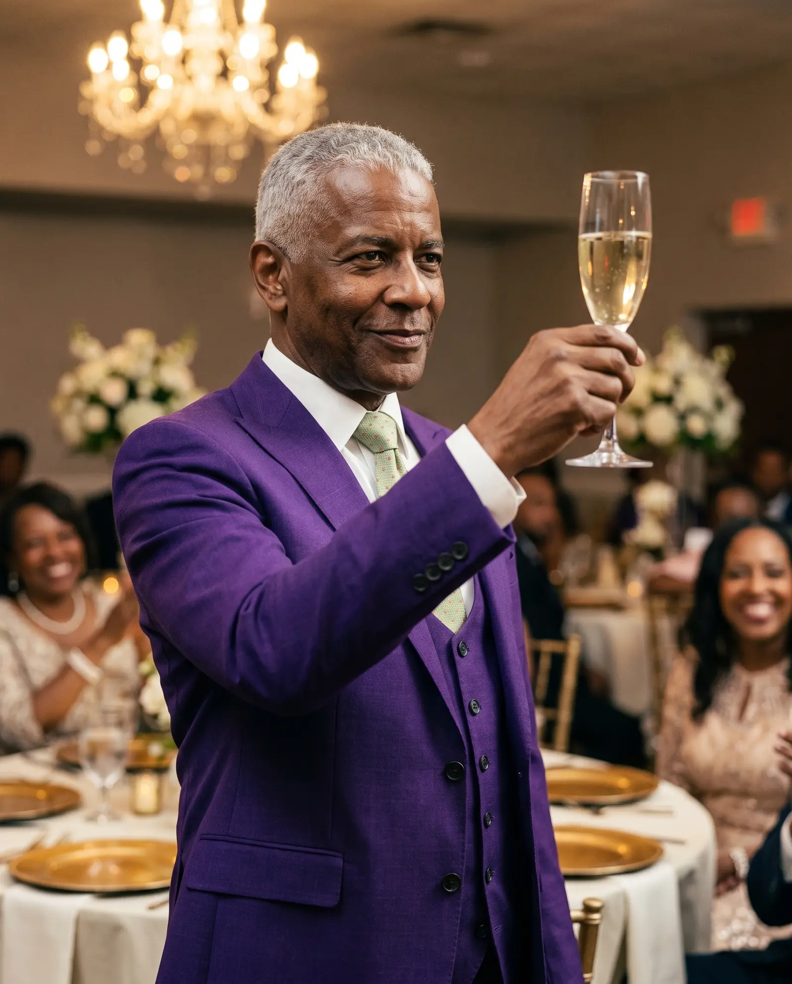 Royal purple Ephesus three piece suit occasion photograph