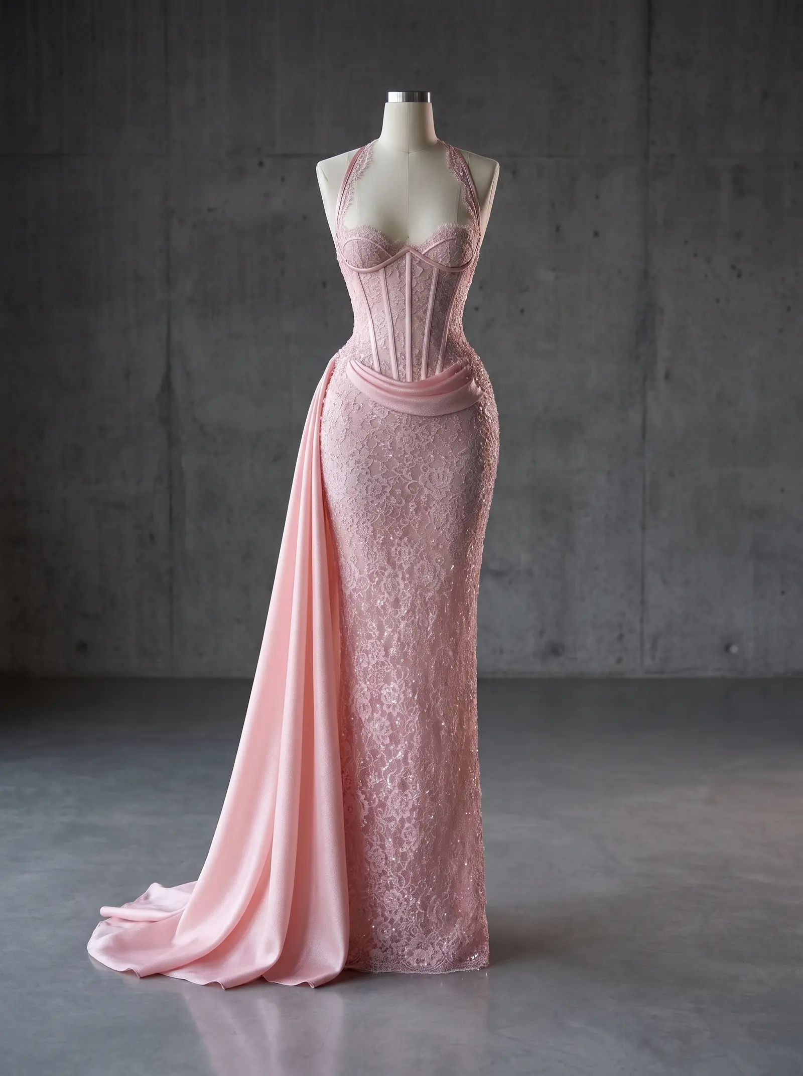 Blush lace Ribbon column gown, mannequin