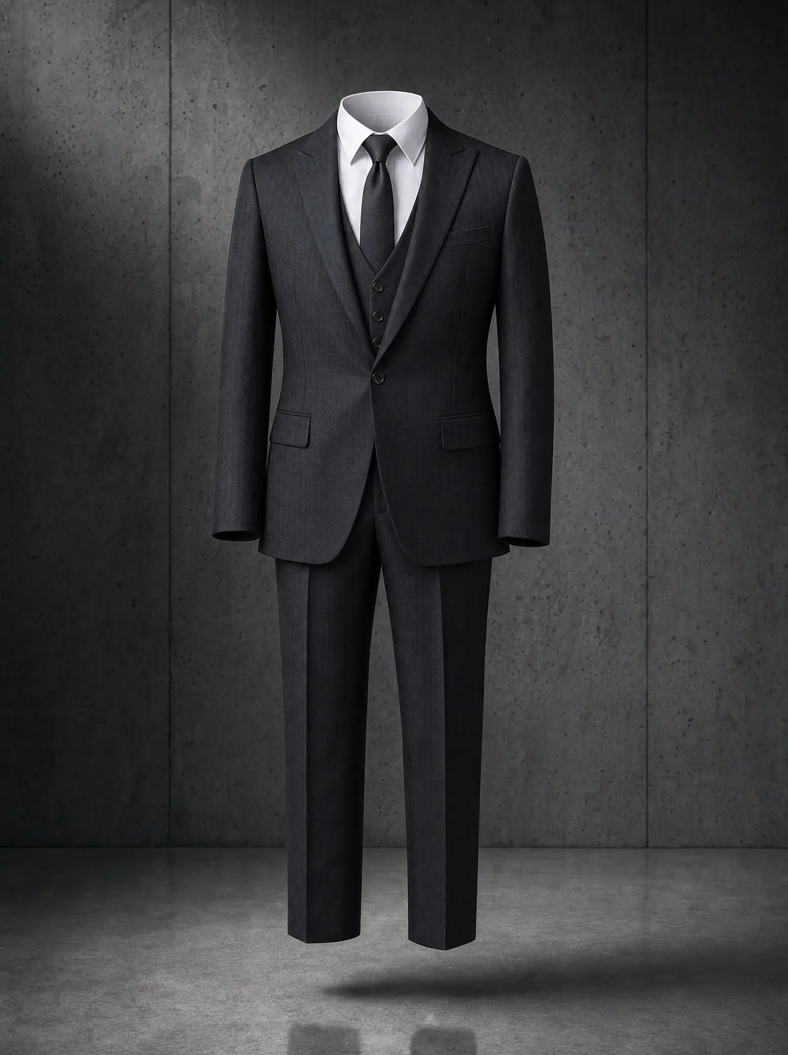 Black herringbone Wexford three piece suit, ghost