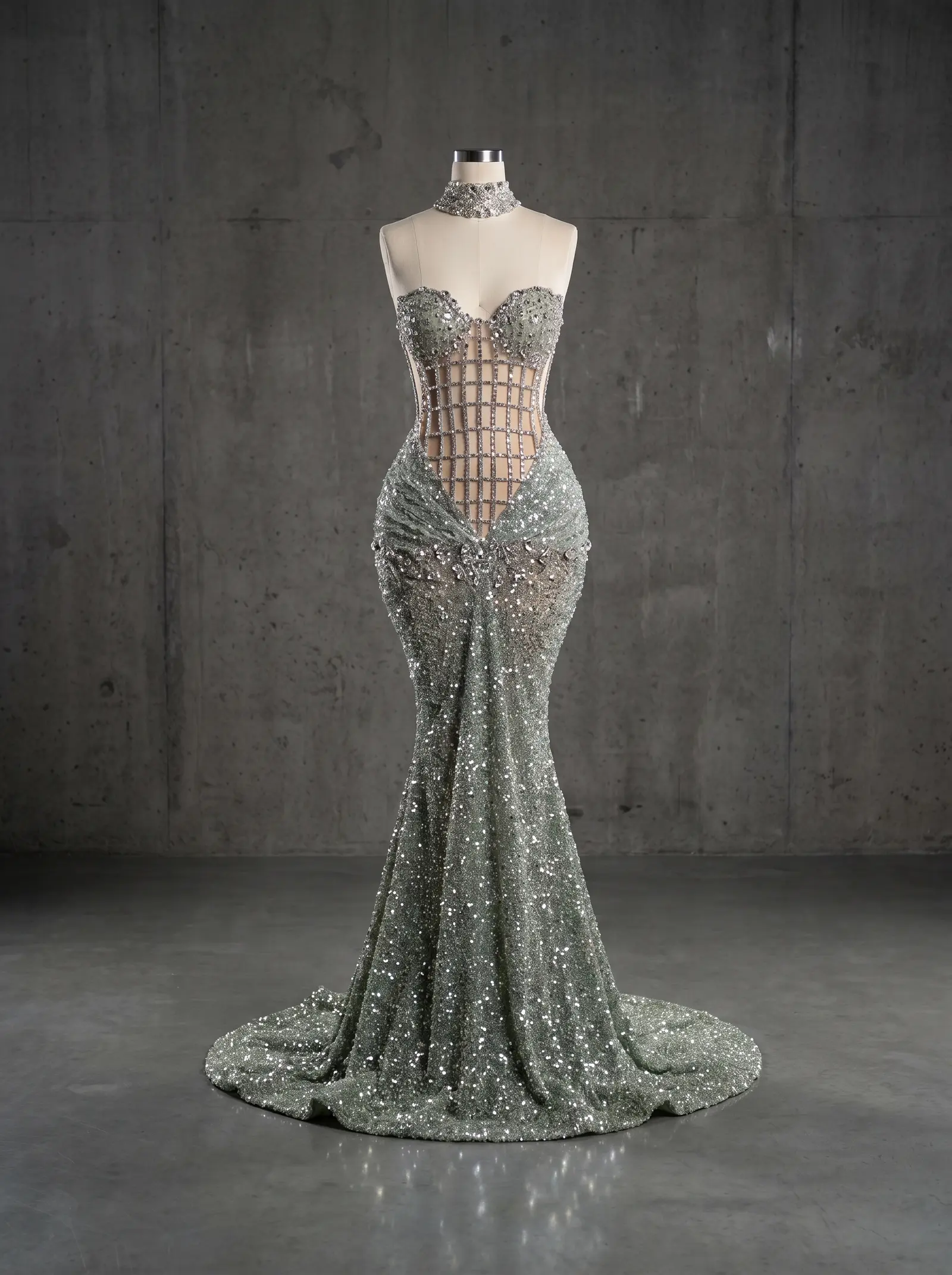 Sage and silver Aurora mermaid gown, mannequin