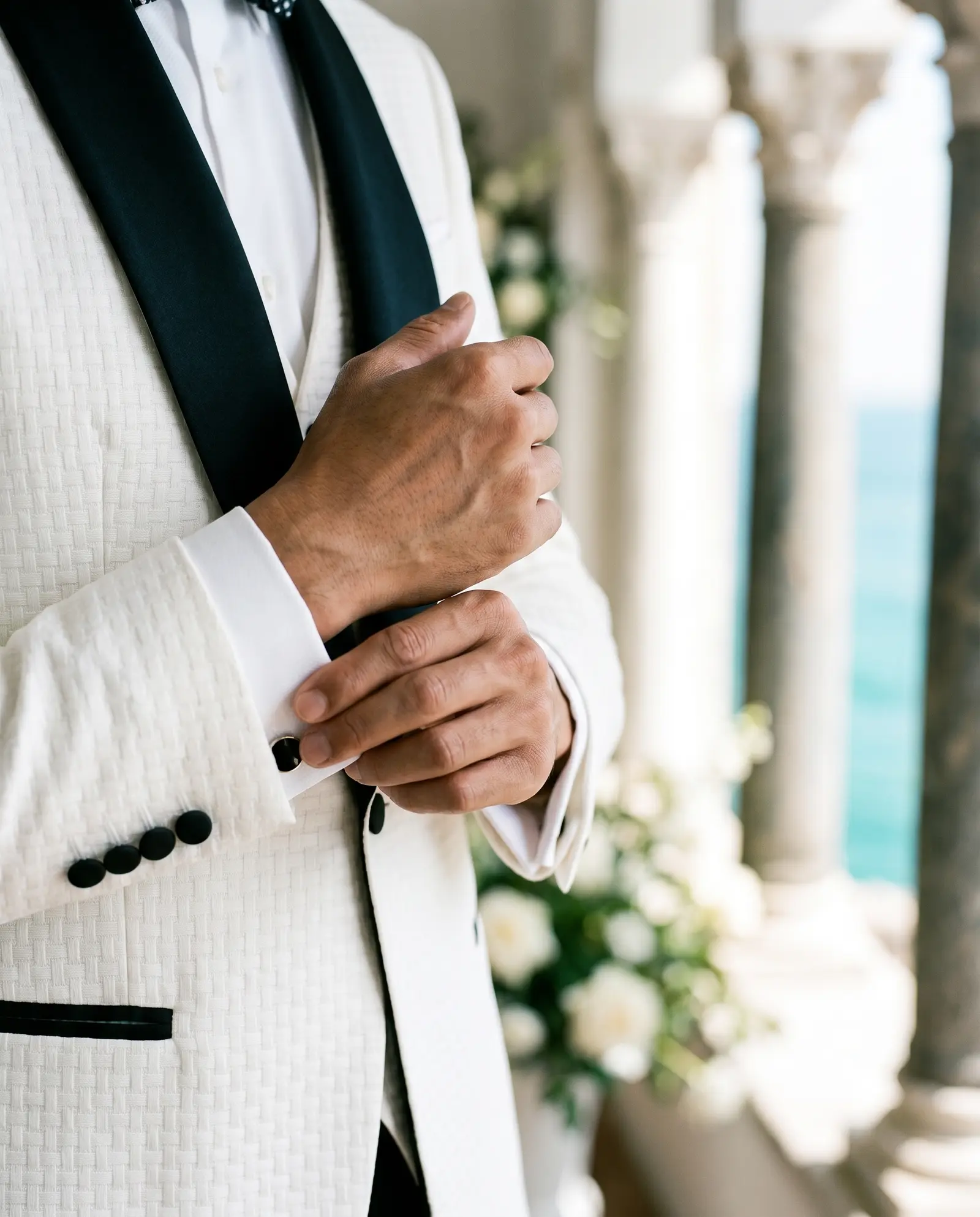 White quilted Como three piece tuxedo occasion photograph