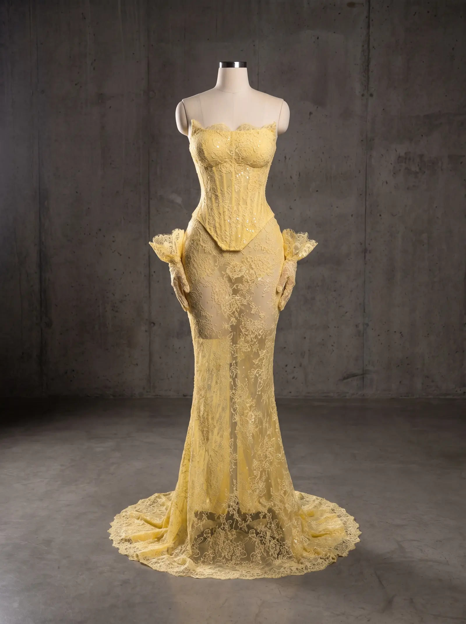 Buttercup yellow Sunbeam lace gown, mannequin