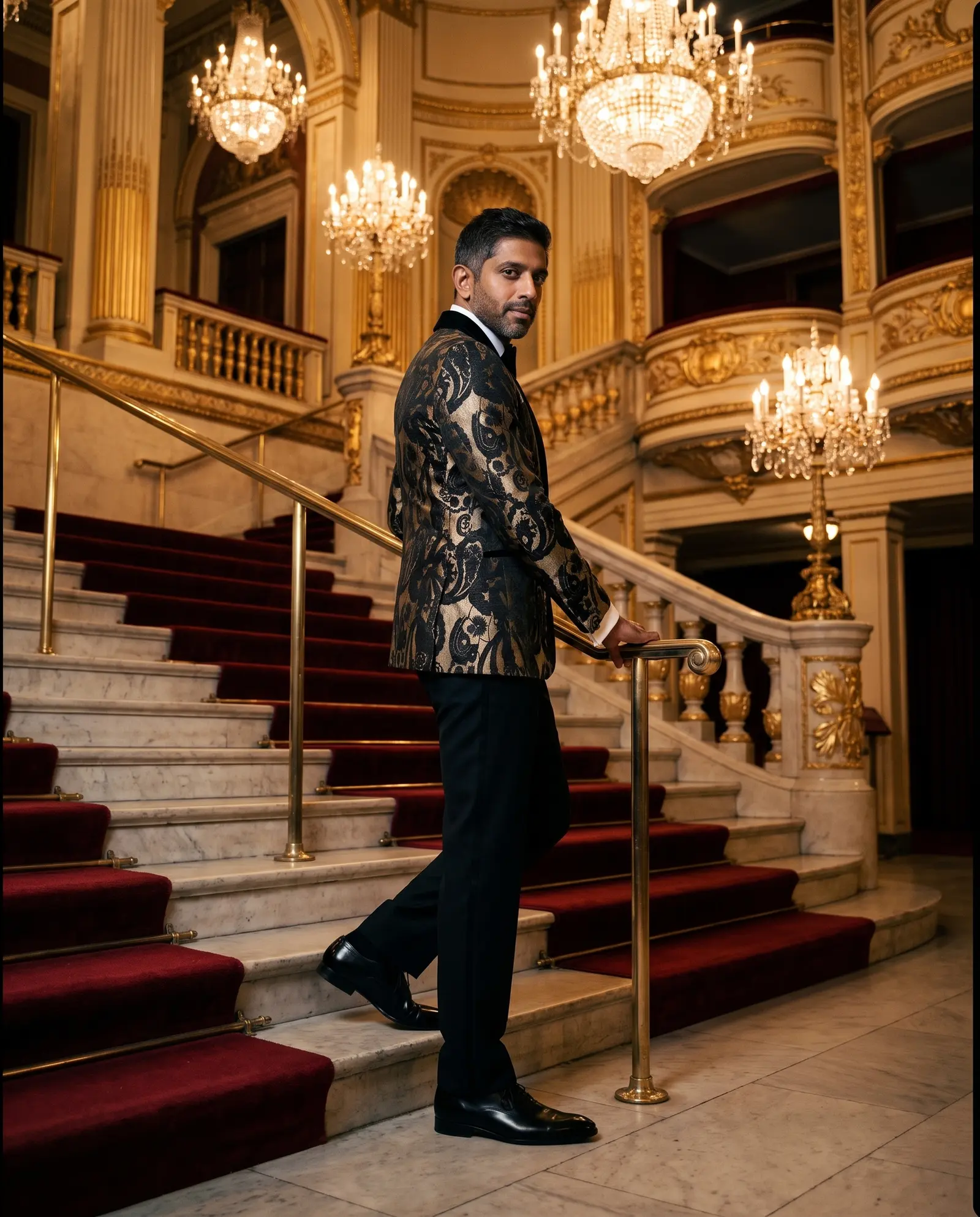 Black and gold paisley jacquard Medici three piece tuxedo occasion photograph