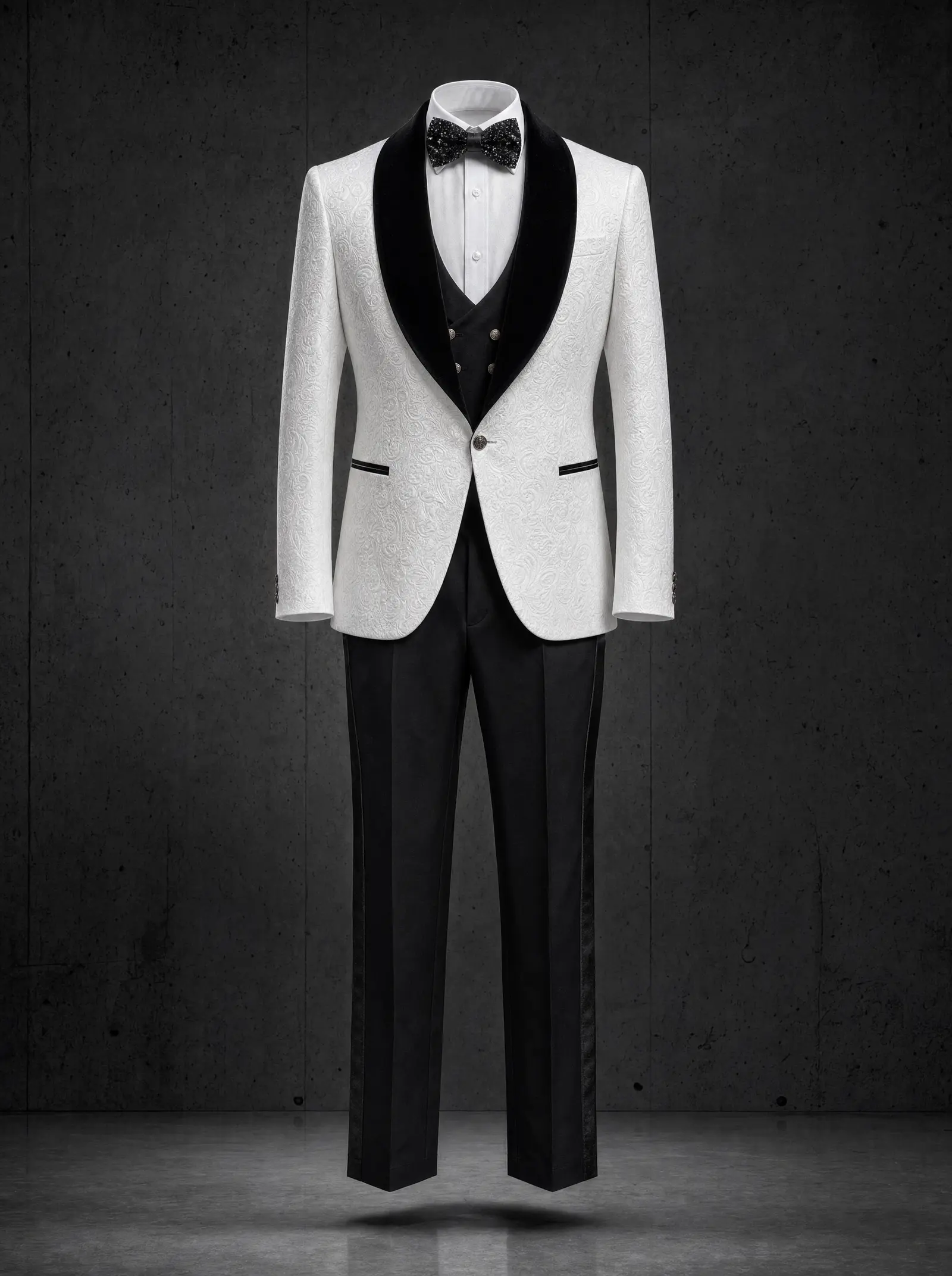White jacquard Taormina three piece tuxedo